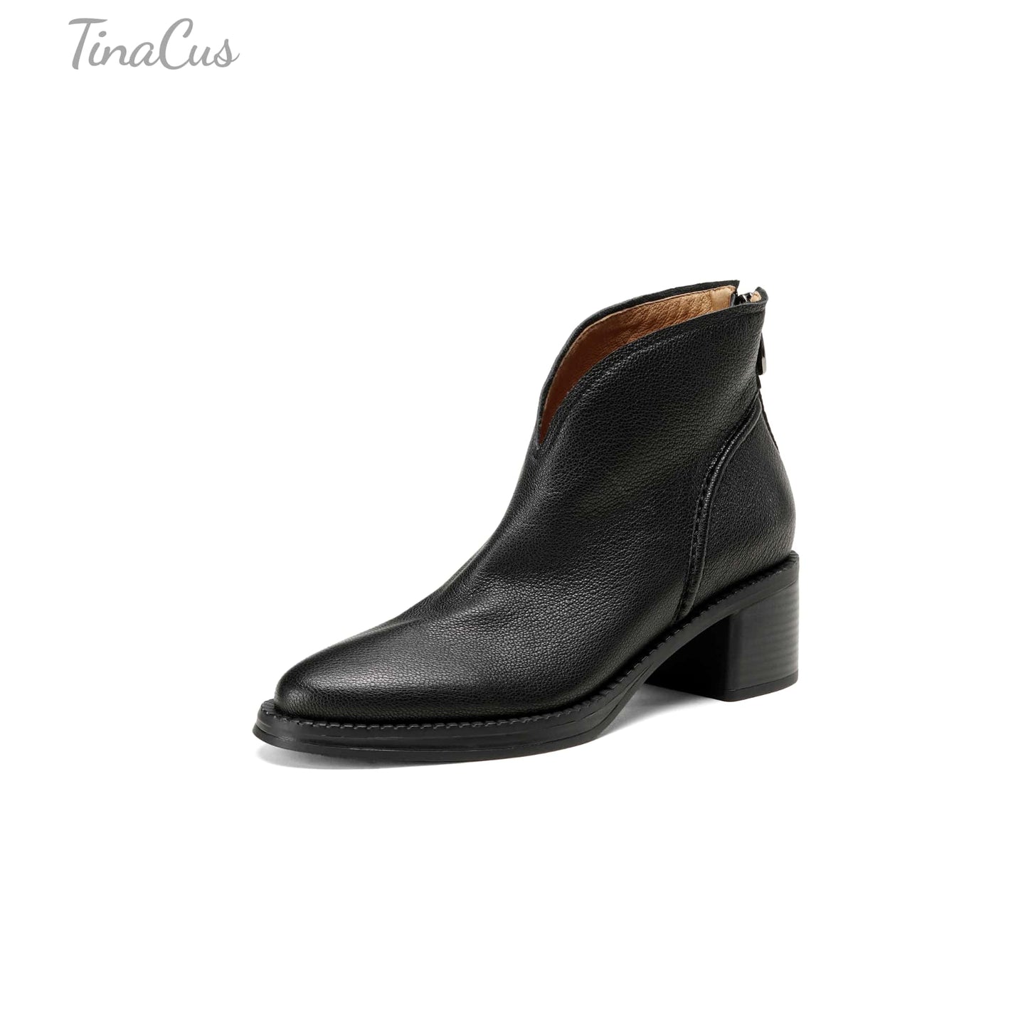 TinaCus Women's Suede/Genuine Leather Handmade V-cut Round Toe Stacked Heel Back Zip Up Ankle Booties