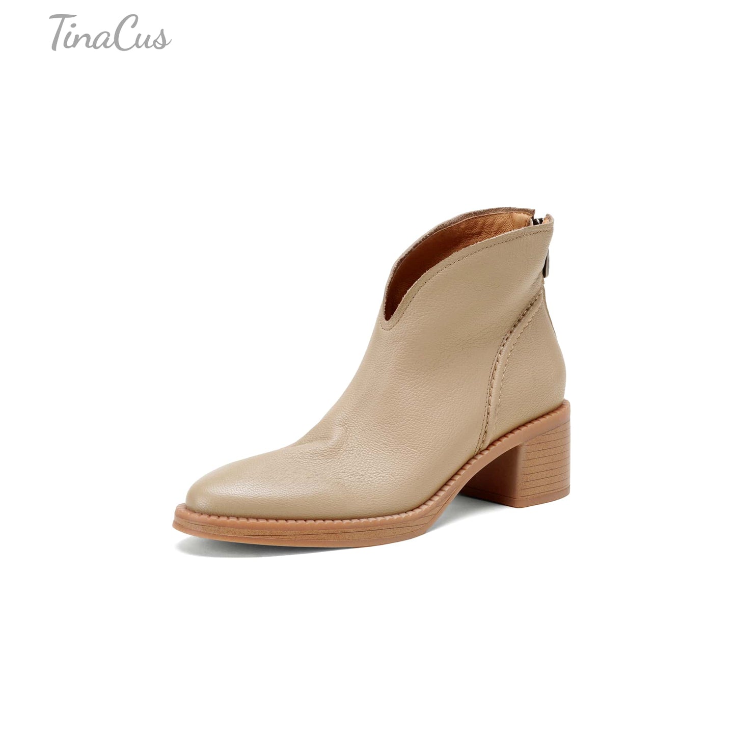 TinaCus Women's Suede/Genuine Leather Handmade V-cut Round Toe Stacked Heel Back Zip Up Ankle Booties