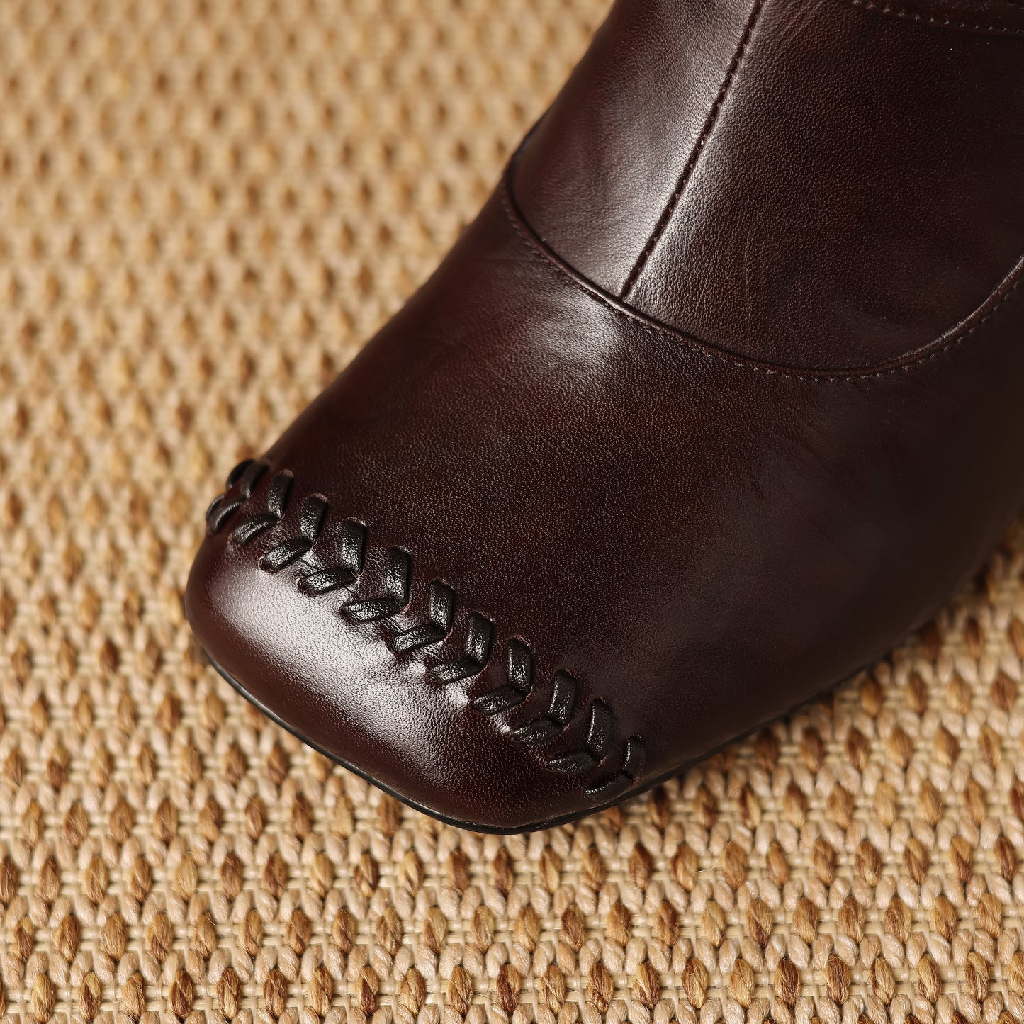 TinaCus Genuine Leather Women's Square Toe Booties Handmade Strap Buckle Cone Heels Zip up Short Boots