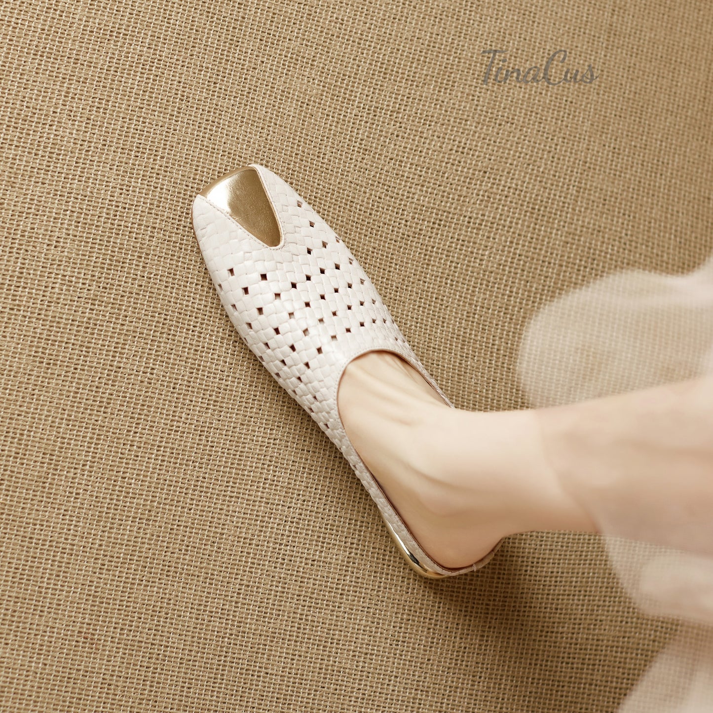 TinaCus Perforated Genuine Leather Women's Flat Mules Handmade Square Toe Slip on Backless Casual Shoes