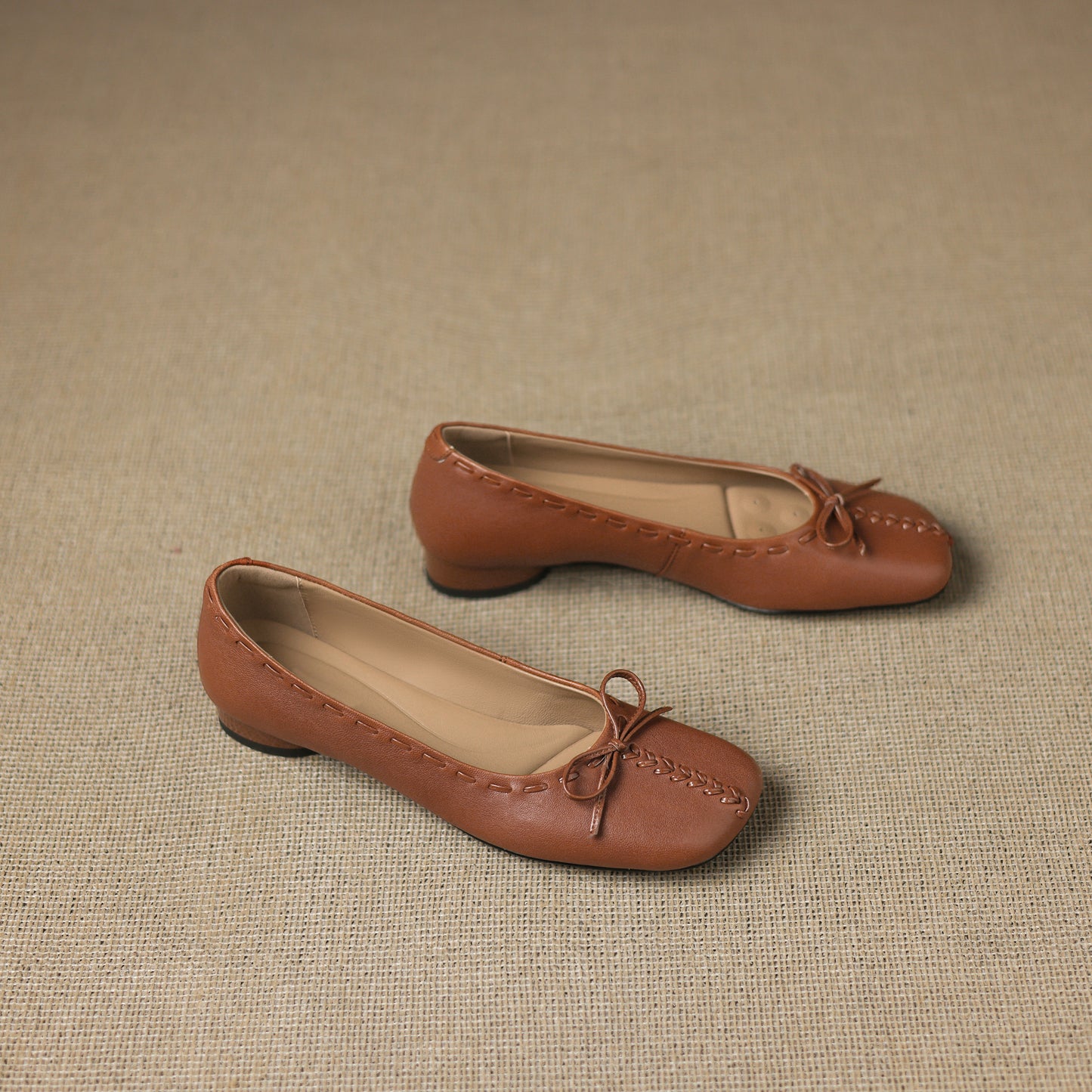 TinaCus Handmade Women's Genuine Leather Square Toe Stitching Office Dress Ballet Flats Shoes with Bowknot