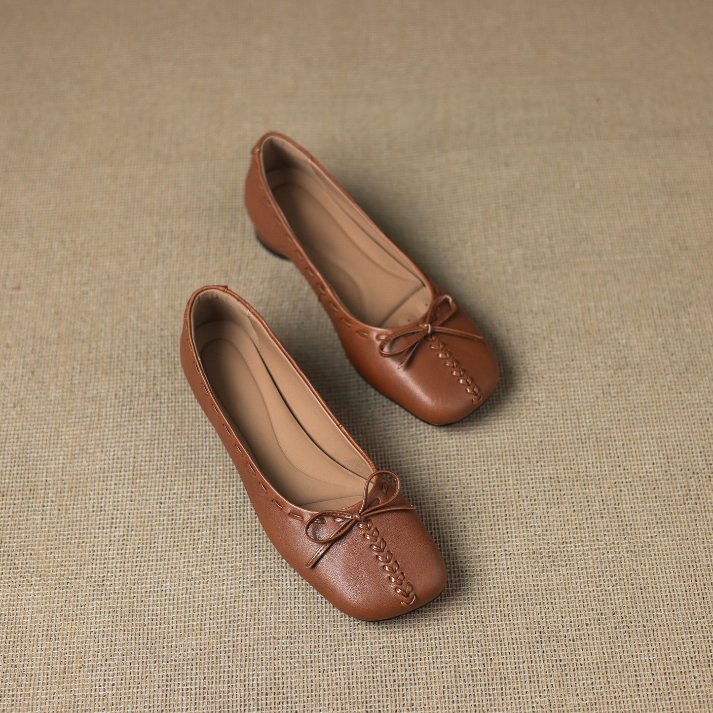 TinaCus Handmade Women's Genuine Leather Square Toe Stitching Office Dress Ballet Flats Shoes with Bowknot