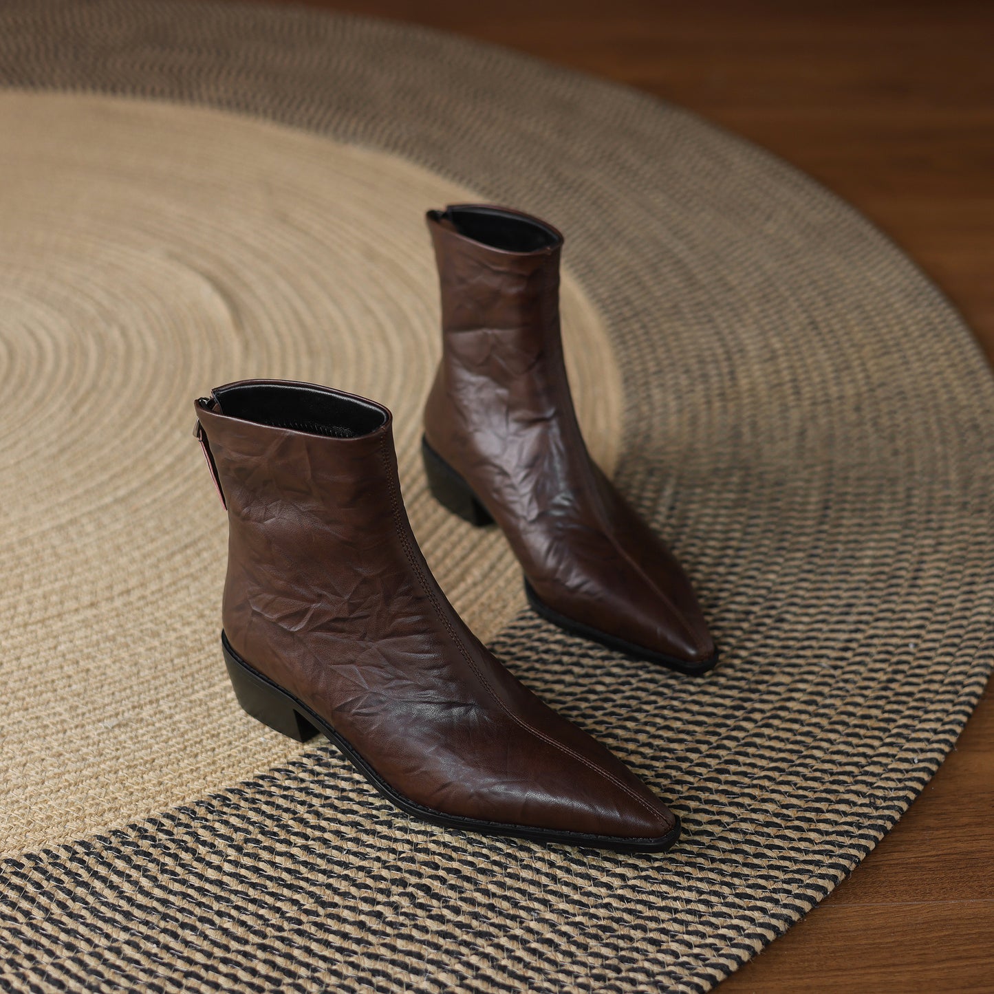 TinaCus Women's Genuine Leather Handmade Back Zipper Pointed Toe Chunky Low Heel Ankle High Chelsea Booties