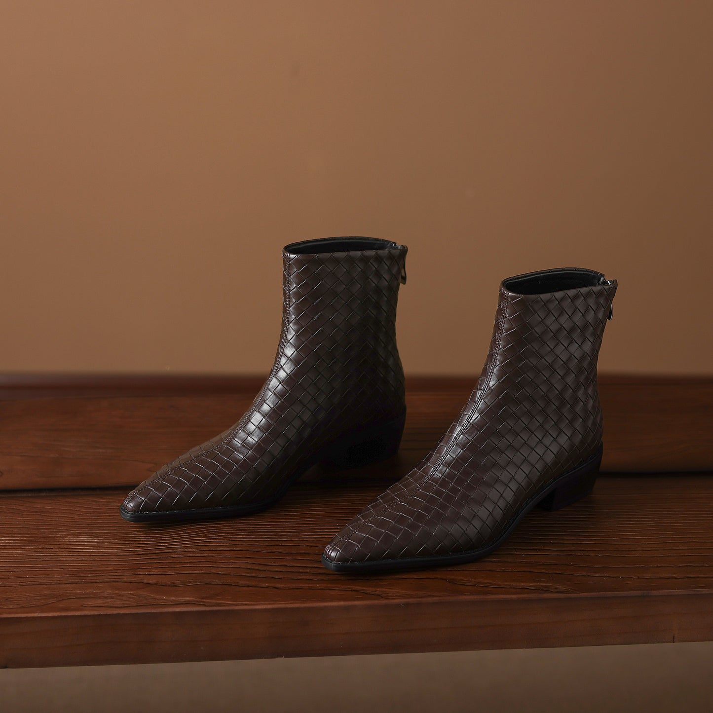 TinaCus Women's Genuine Leather Handmade Braid Back Zipper Pointed Toe Stacked Low Heel Ankle Booties