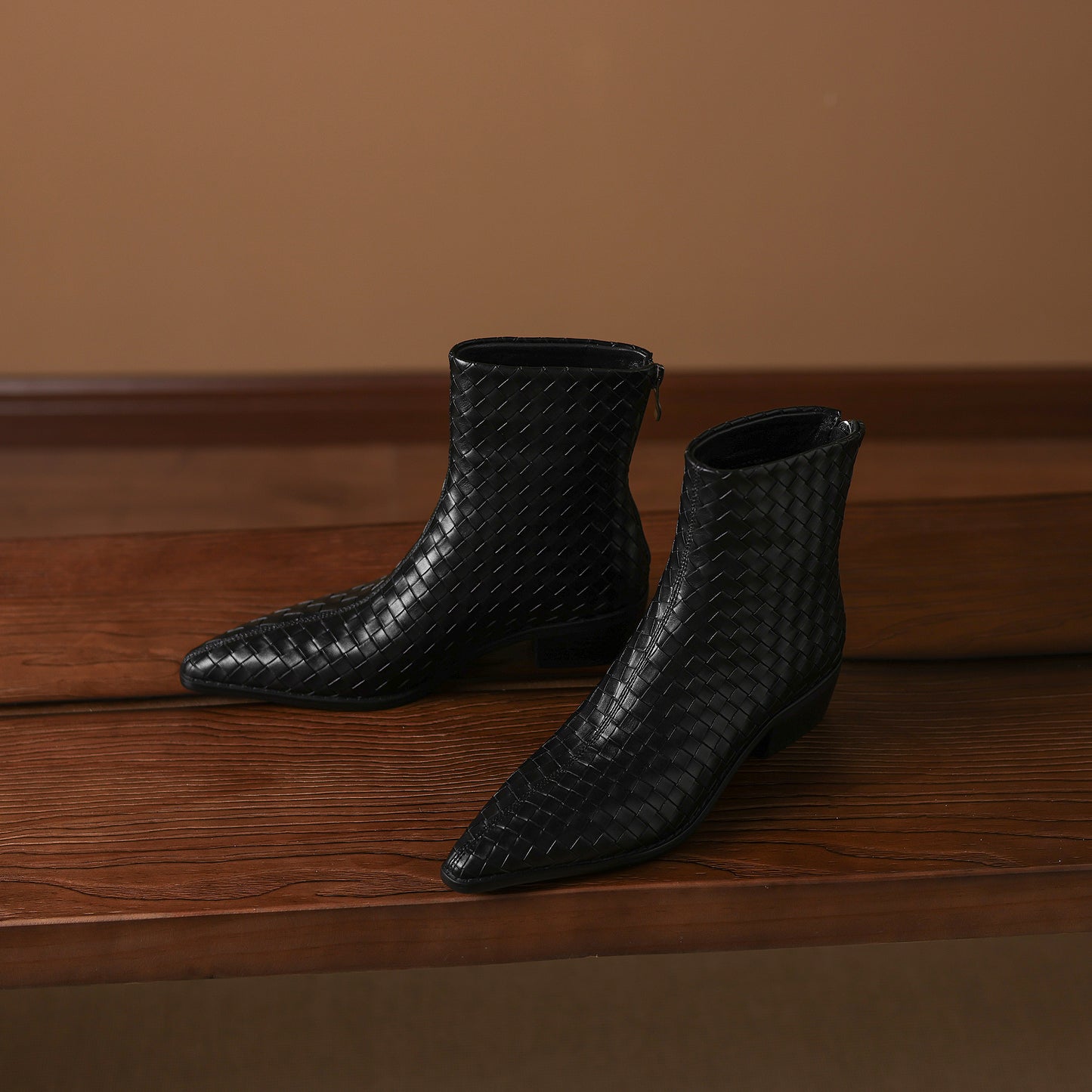 TinaCus Women's Genuine Leather Handmade Braid Back Zipper Pointed Toe Stacked Low Heel Ankle Booties