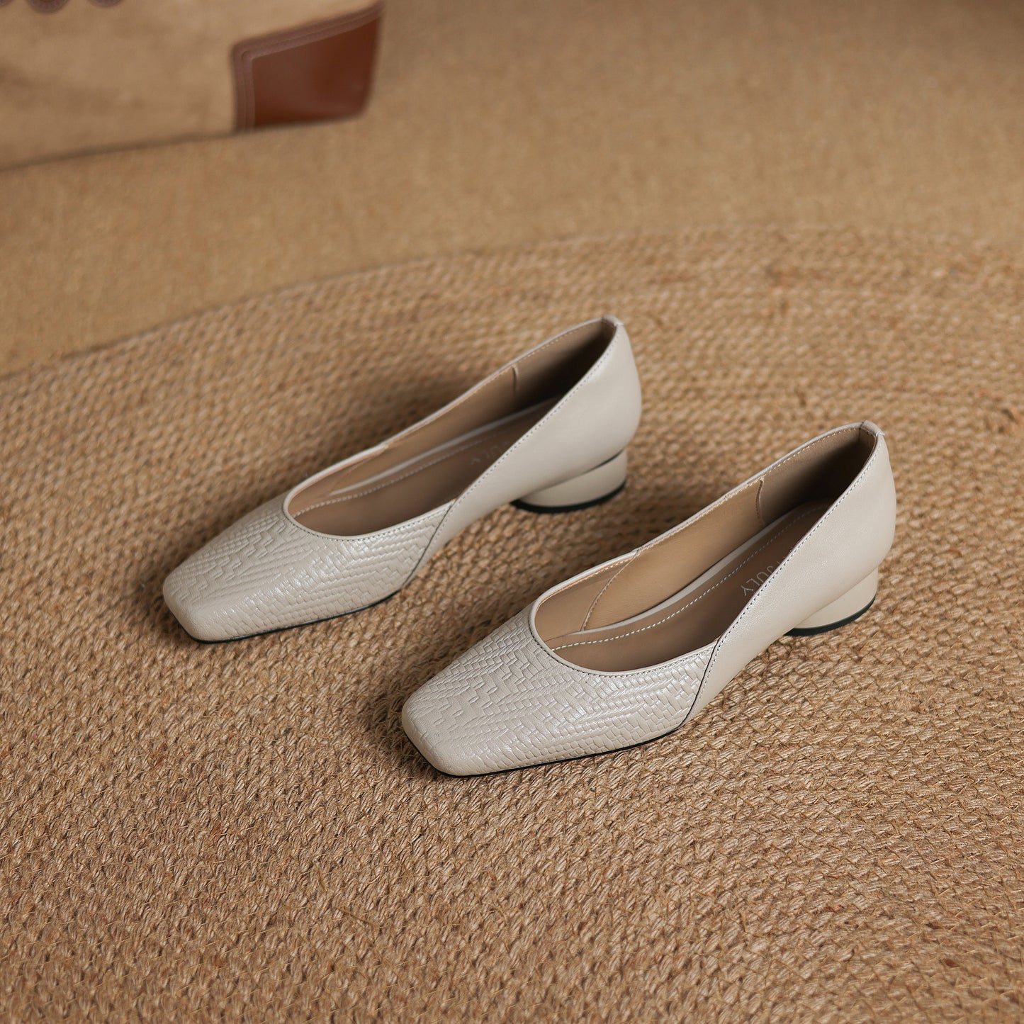 TinaCus Handmade Women's Genuine Leather Square Toe Embossed Patchwork Chunky Heel Slip On Pump Shoes