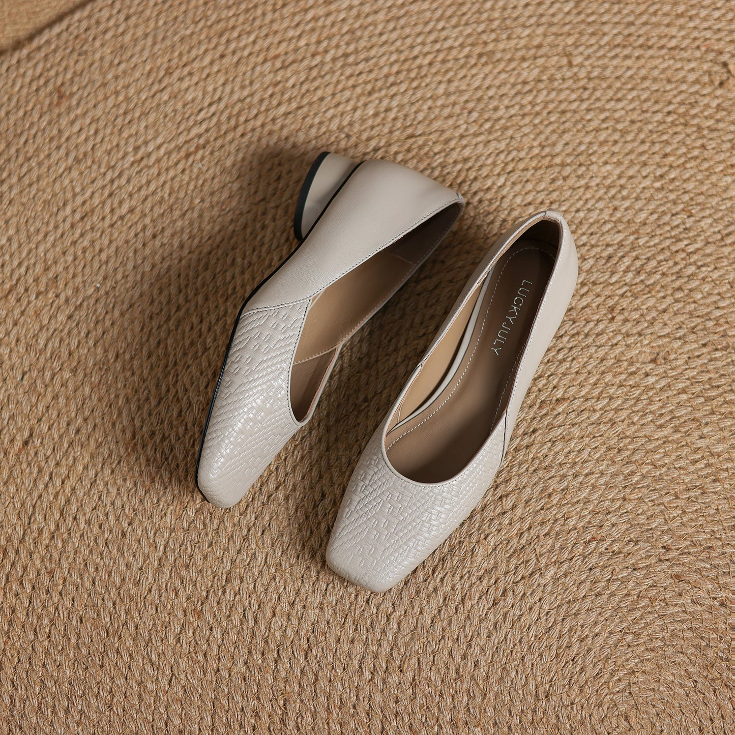 TinaCus Handmade Women's Genuine Leather Square Toe Embossed Patchwork Chunky Heel Slip On Pump Shoes