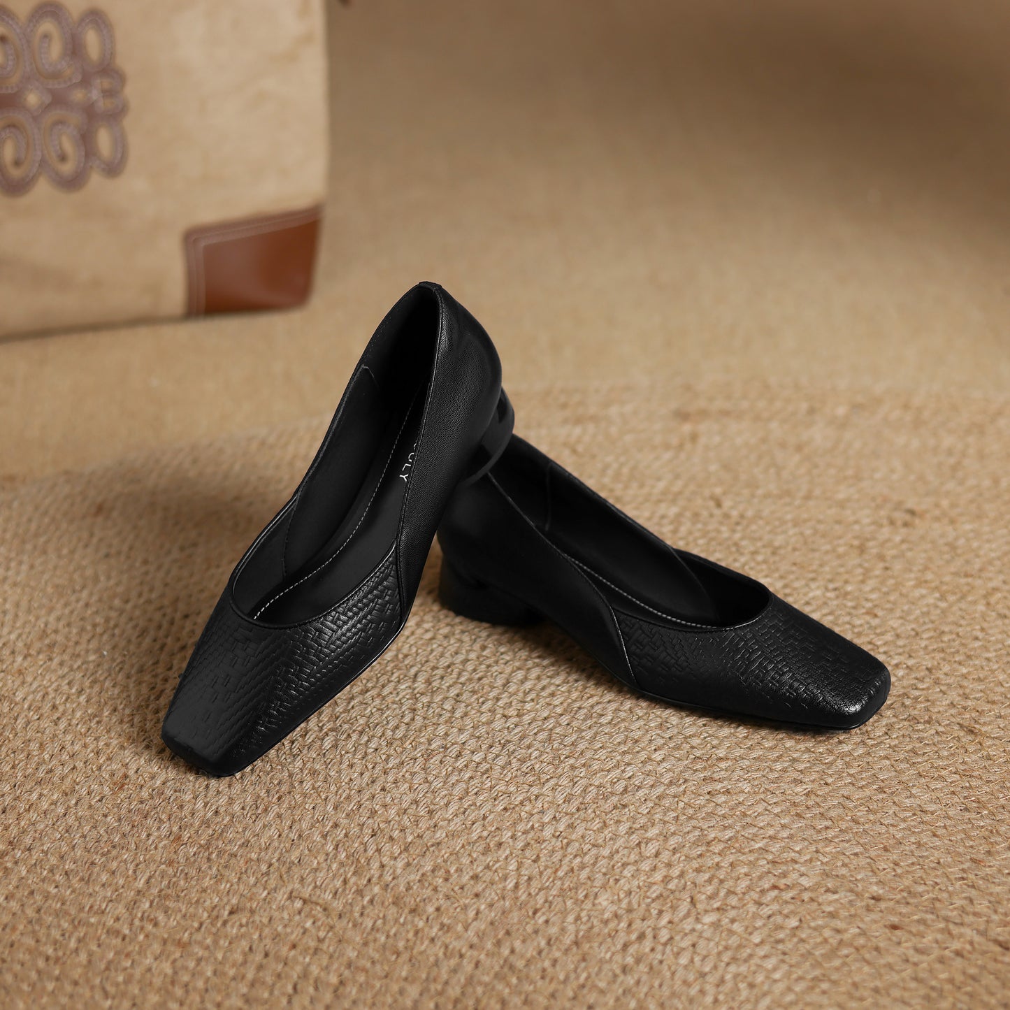 TinaCus Handmade Women's Genuine Leather Square Toe Embossed Patchwork Chunky Heel Slip On Pump Shoes