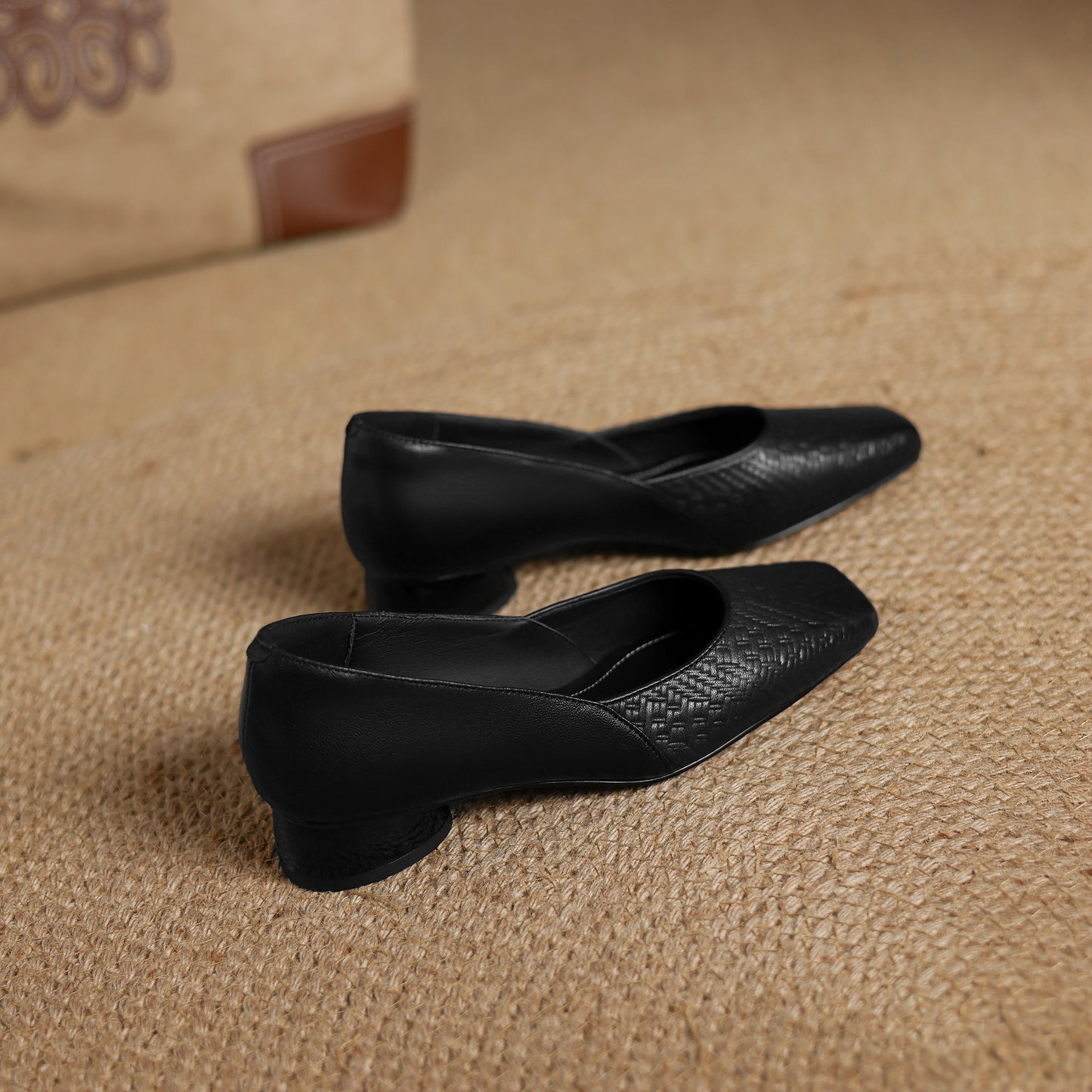 TinaCus Handmade Women's Genuine Leather Square Toe Embossed Patchwork Chunky Heel Slip On Pump Shoes