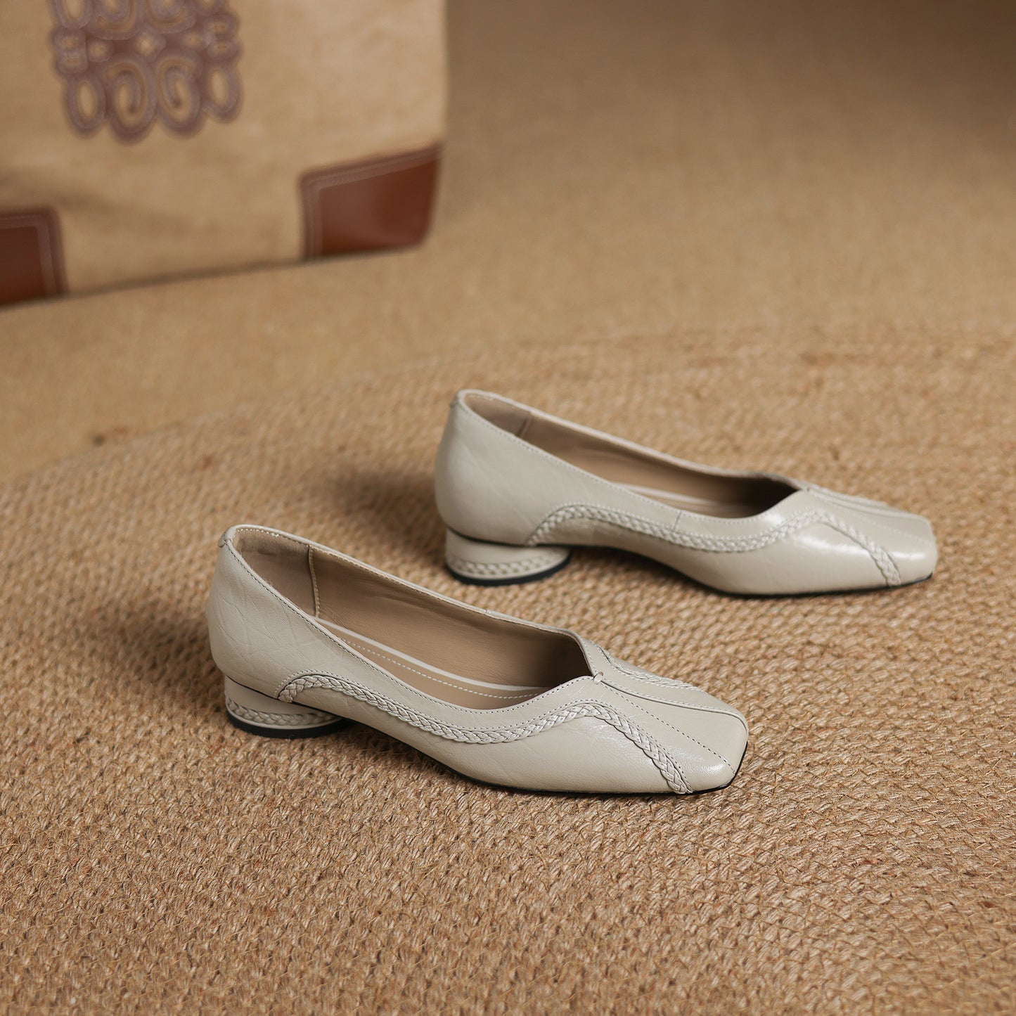 TinaCus Handmade Women's Genuine Leather Square Toe Braided Chunky Heel Casual Slip On Ballet Shoes