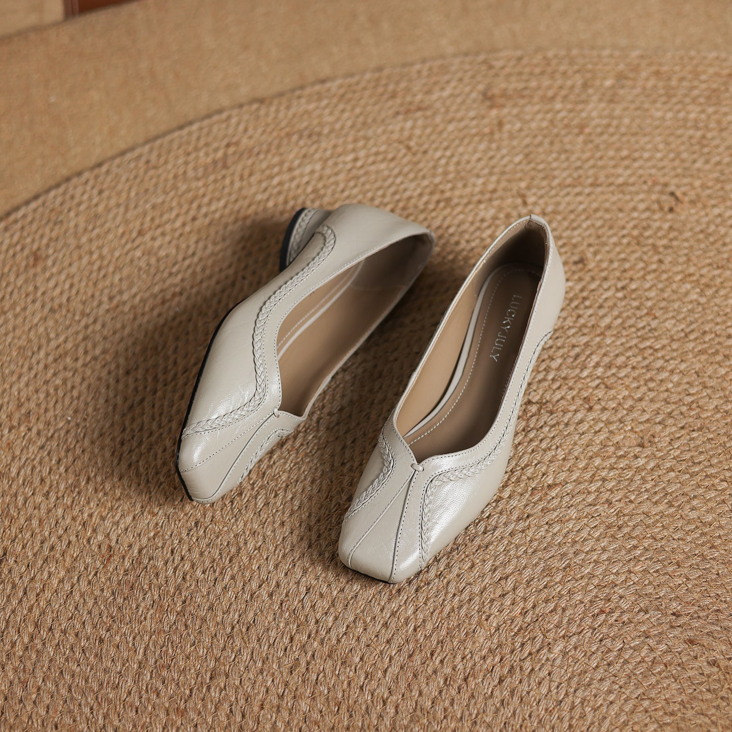 TinaCus Handmade Women's Genuine Leather Square Toe Braided Chunky Heel Casual Slip On Ballet Shoes