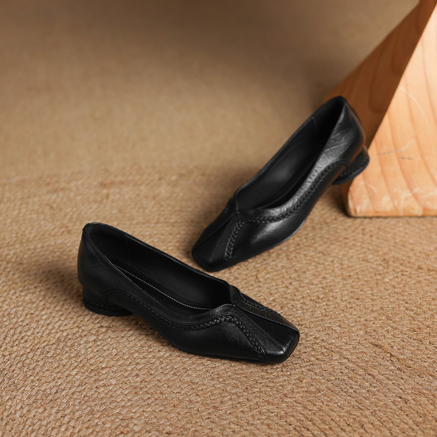 TinaCus Handmade Women's Genuine Leather Square Toe Braided Chunky Heel Casual Slip On Ballet Shoes