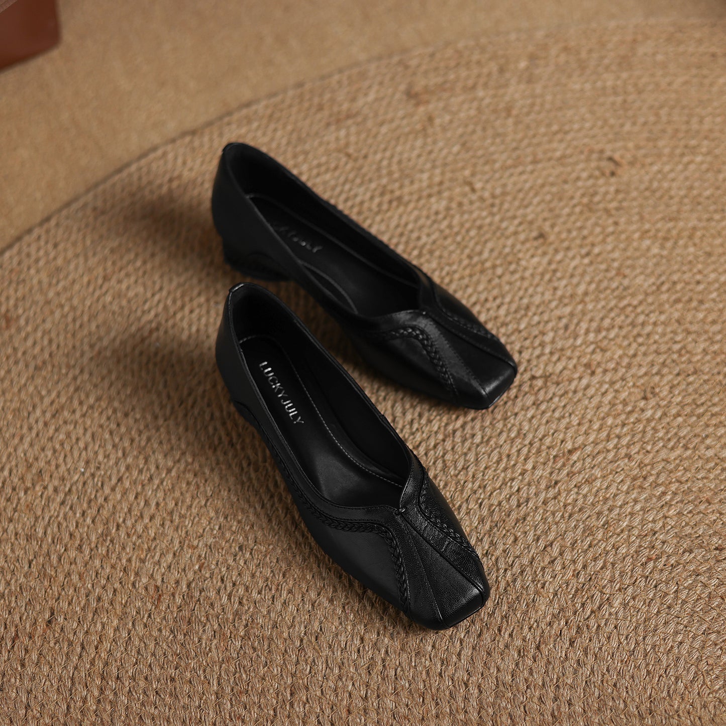 TinaCus Handmade Women's Genuine Leather Square Toe Braided Chunky Heel Casual Slip On Ballet Shoes