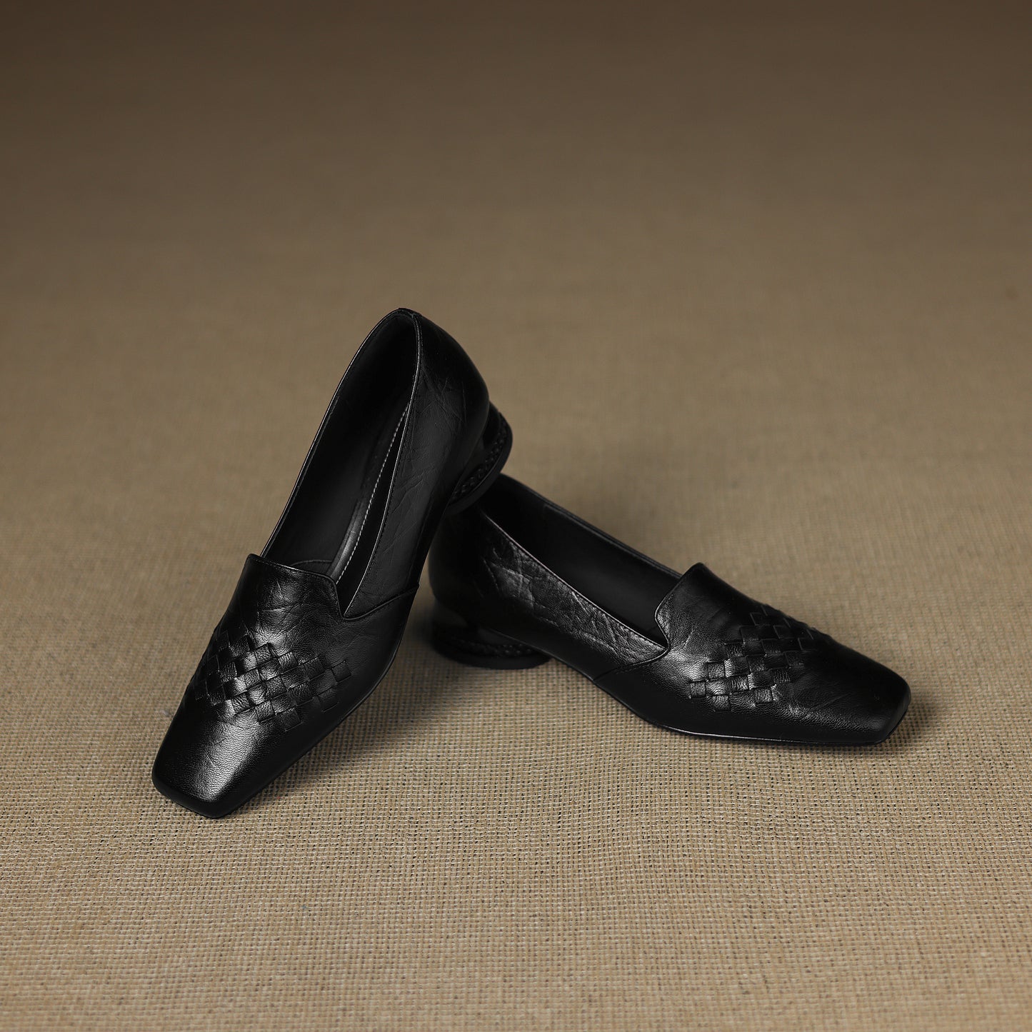 TinaCus Handmade Women's Genuine Leather Square Toe Woven Chunky Heel Slip-On Office Loafer Shoes