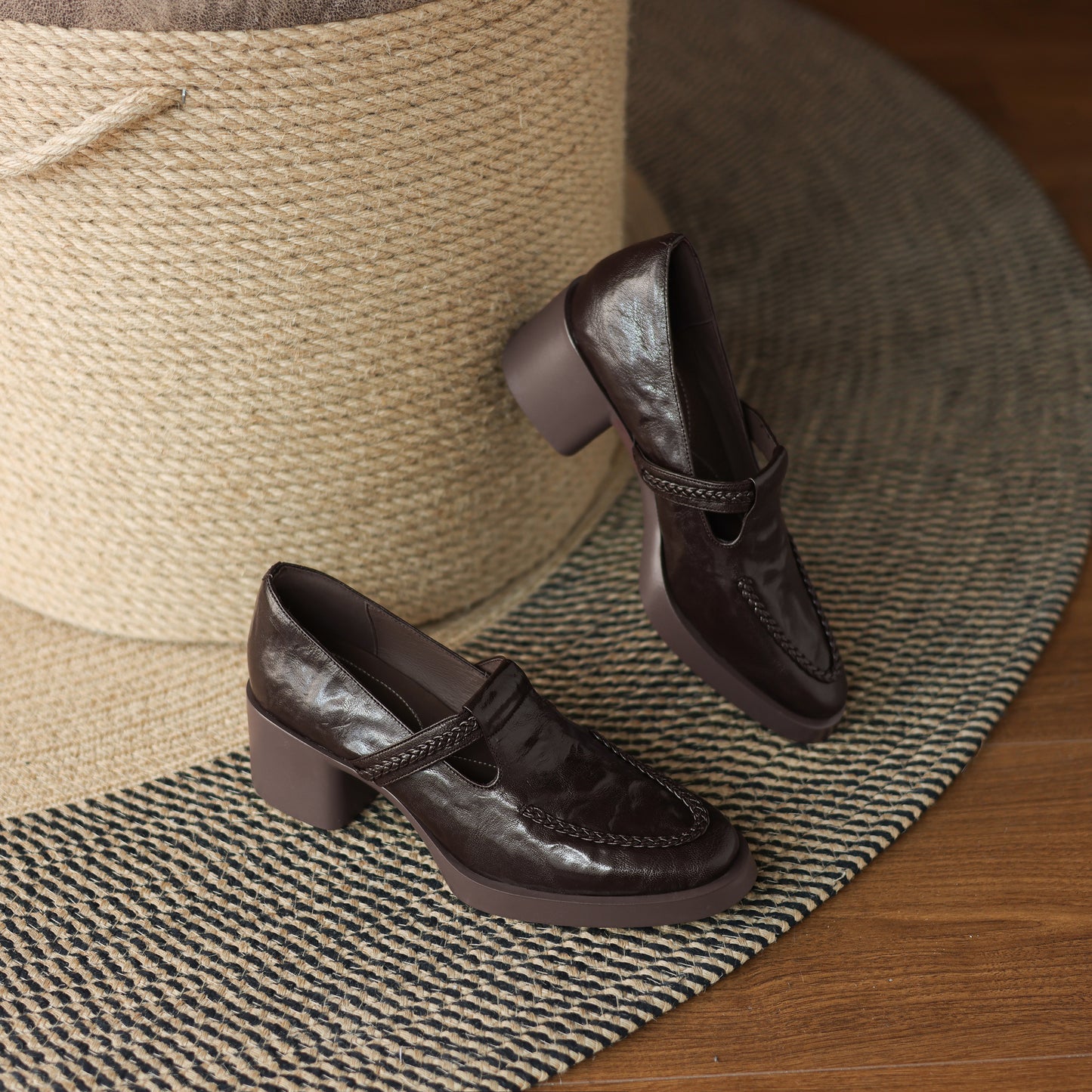 TinaCus Handmade Women's Genuine Leather Round Toe Braided T-Strap Stacked Heel Pump Shoes