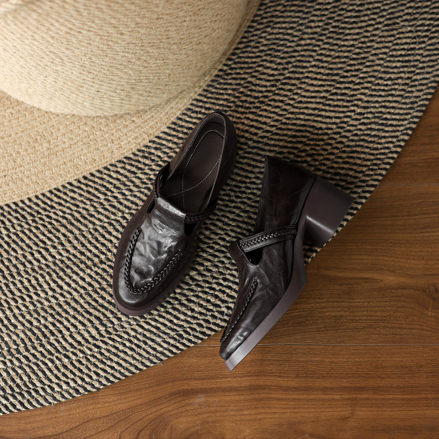 TinaCus Handmade Women's Genuine Leather Round Toe Braided T-Strap Stacked Heel Pump Shoes