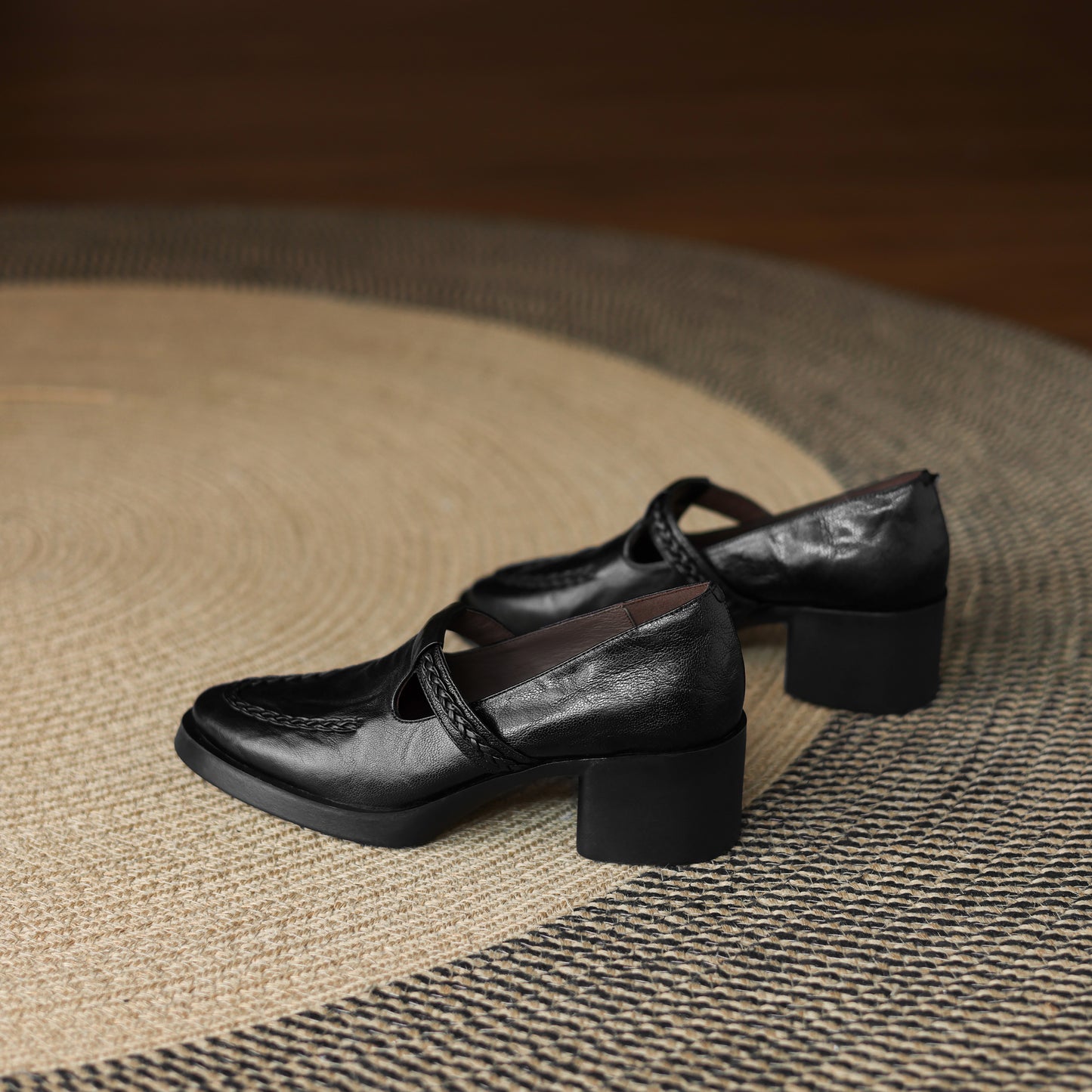 TinaCus Handmade Women's Genuine Leather Round Toe Braided T-Strap Stacked Heel Pump Shoes