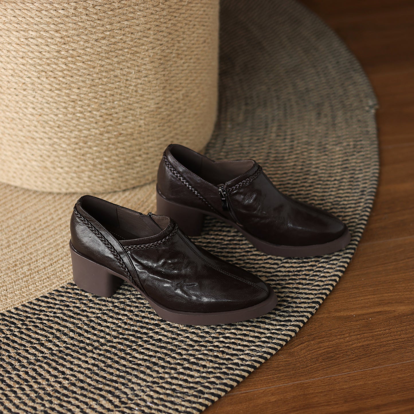 TinaCus Handmade Women's Genuine Leather Round Toe Braided Block Heel Casual Side Zipper Pump Shoes