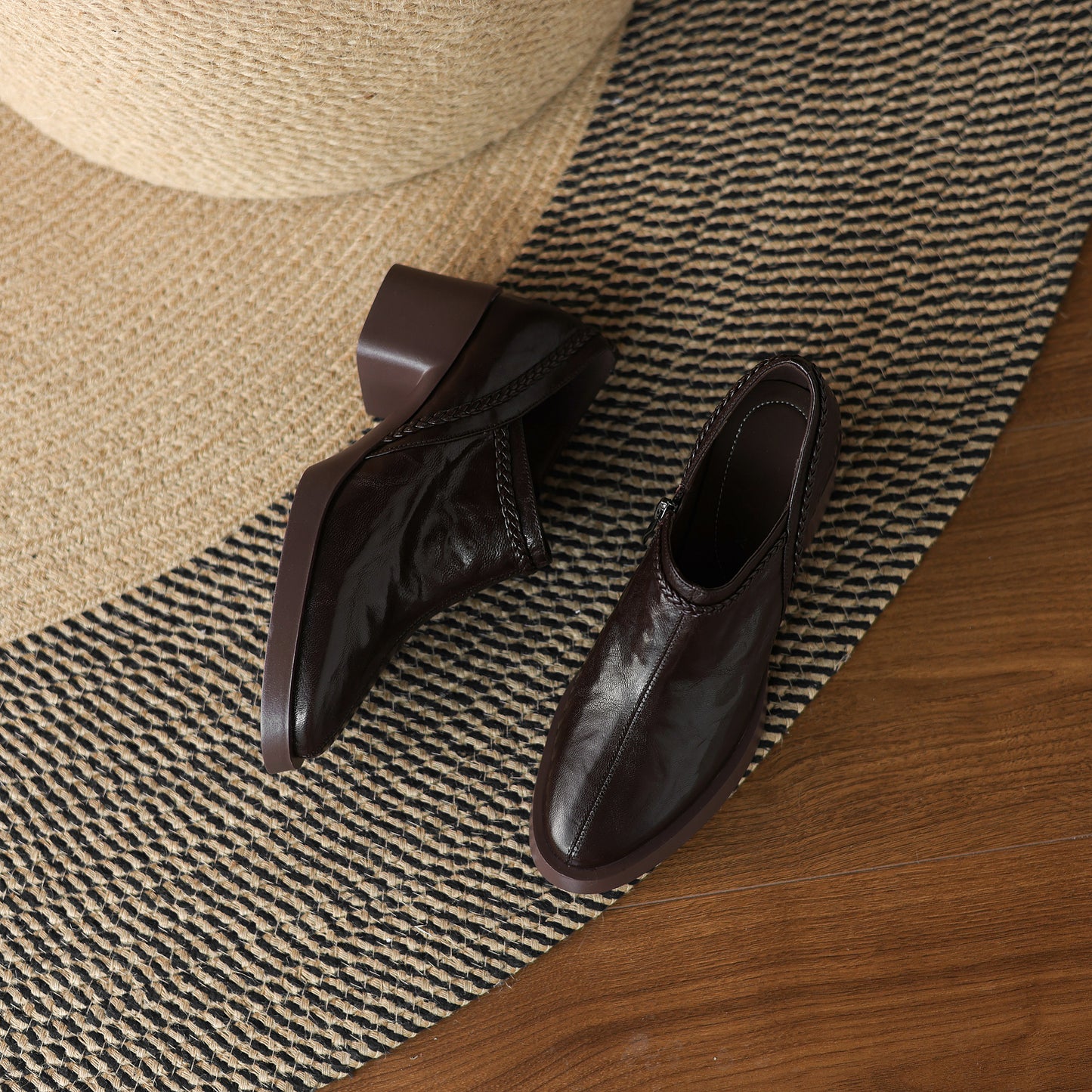 TinaCus Handmade Women's Genuine Leather Round Toe Braided Block Heel Casual Side Zipper Pump Shoes