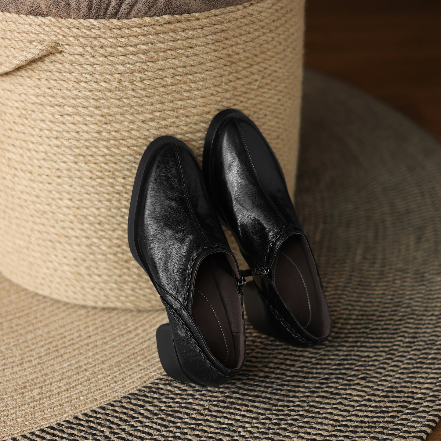 TinaCus Handmade Women's Genuine Leather Round Toe Braided Block Heel Casual Side Zipper Pump Shoes