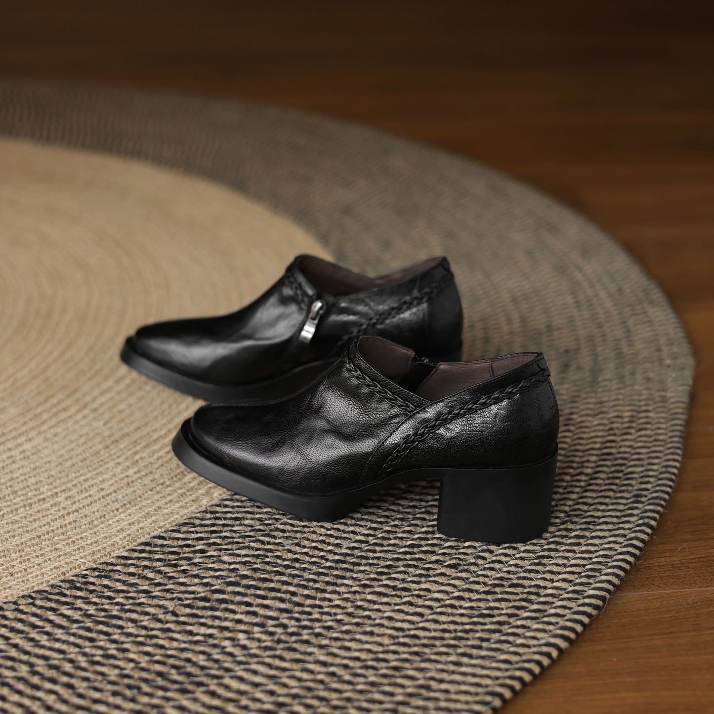 TinaCus Handmade Women's Genuine Leather Round Toe Braided Block Heel Casual Side Zipper Pump Shoes