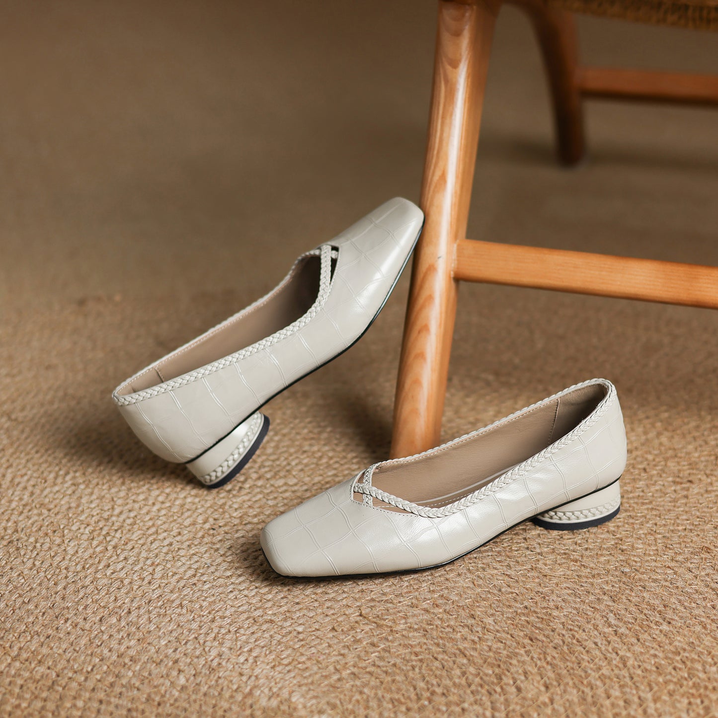 TinaCus Handmade Women's Genuine Leather Square Toe Braid Hollow-Out Chunky Heel Casual Slip On Pump Shoes