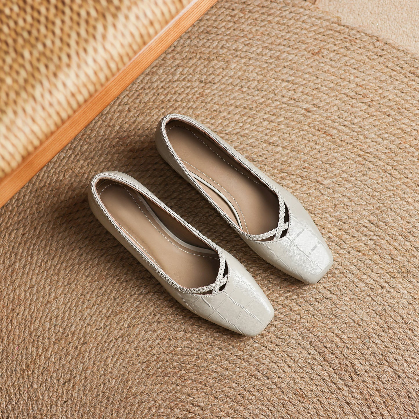 TinaCus Handmade Women's Genuine Leather Square Toe Braid Hollow-Out Chunky Heel Casual Slip On Pump Shoes