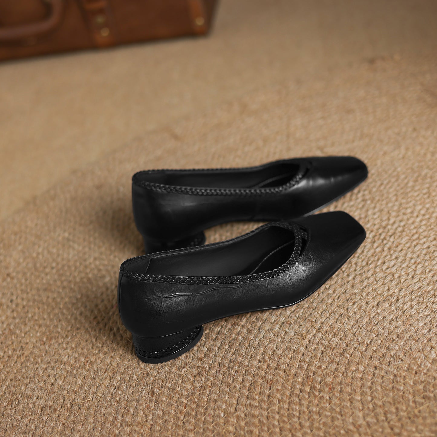 TinaCus Handmade Women's Genuine Leather Square Toe Braid Hollow-Out Chunky Heel Casual Slip On Pump Shoes