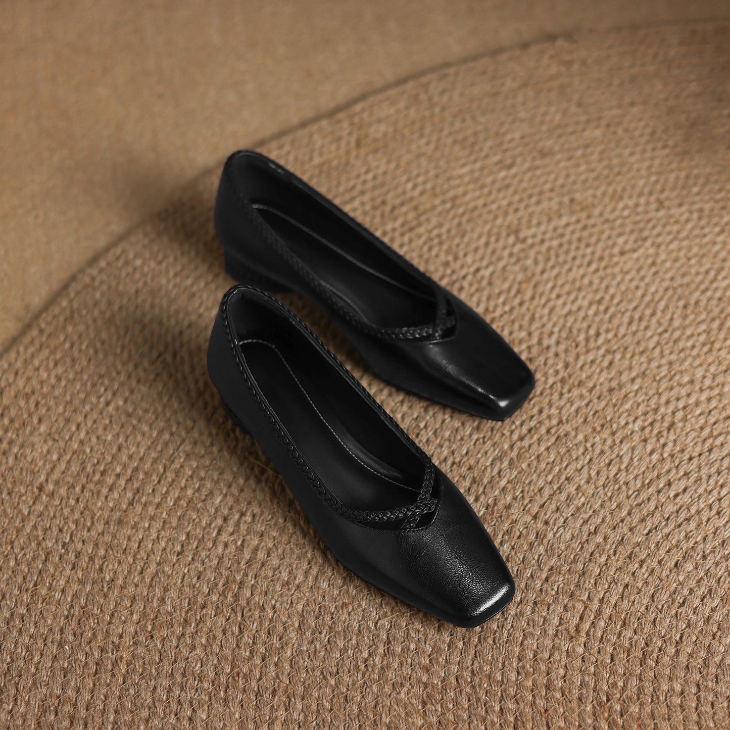 TinaCus Handmade Women's Genuine Leather Square Toe Braid Hollow-Out Chunky Heel Casual Slip On Pump Shoes