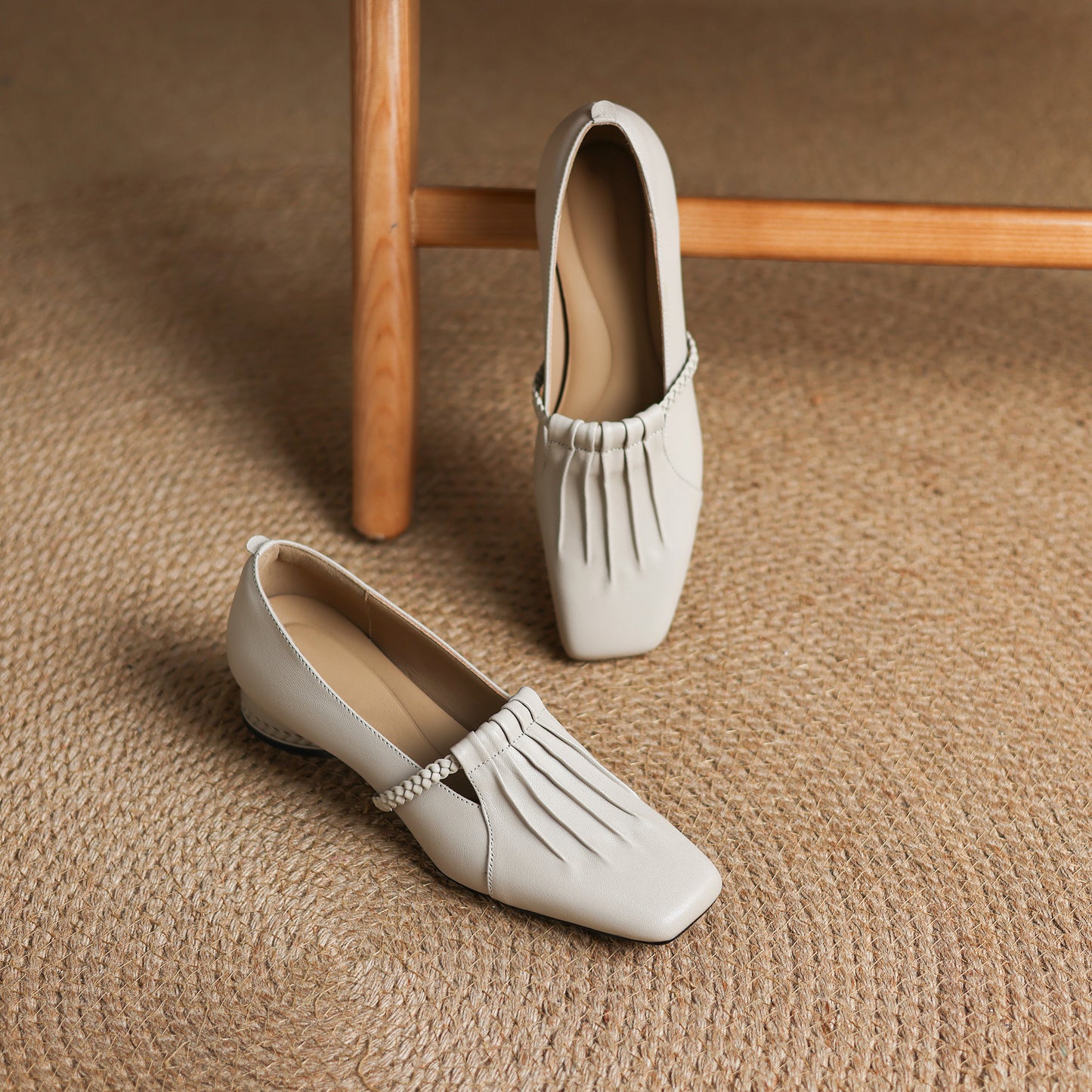 TinaCus Handmade Women's Genuine Leather Square Toe Braided T-Strap Ruched Casual Pump Shoes