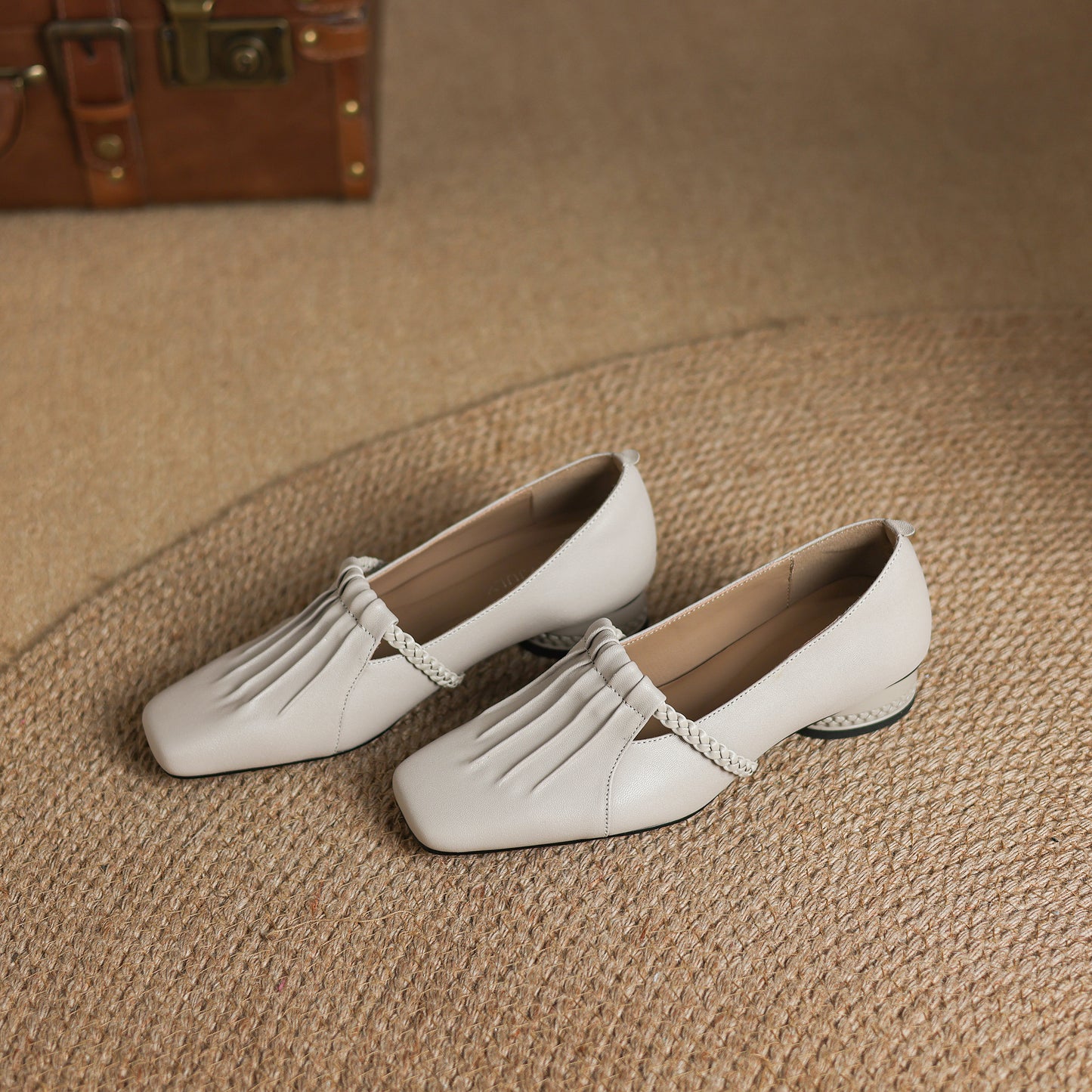 TinaCus Handmade Women's Genuine Leather Square Toe Braided T-Strap Ruched Casual Pump Shoes