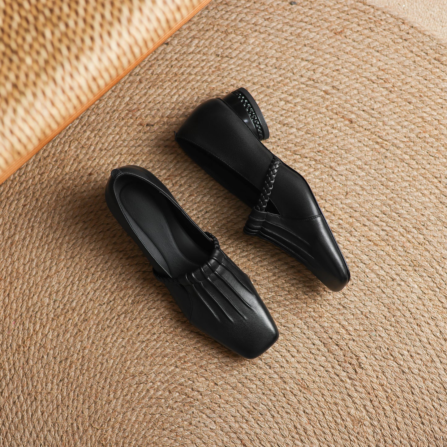 TinaCus Handmade Women's Genuine Leather Square Toe Braided T-Strap Ruched Casual Pump Shoes