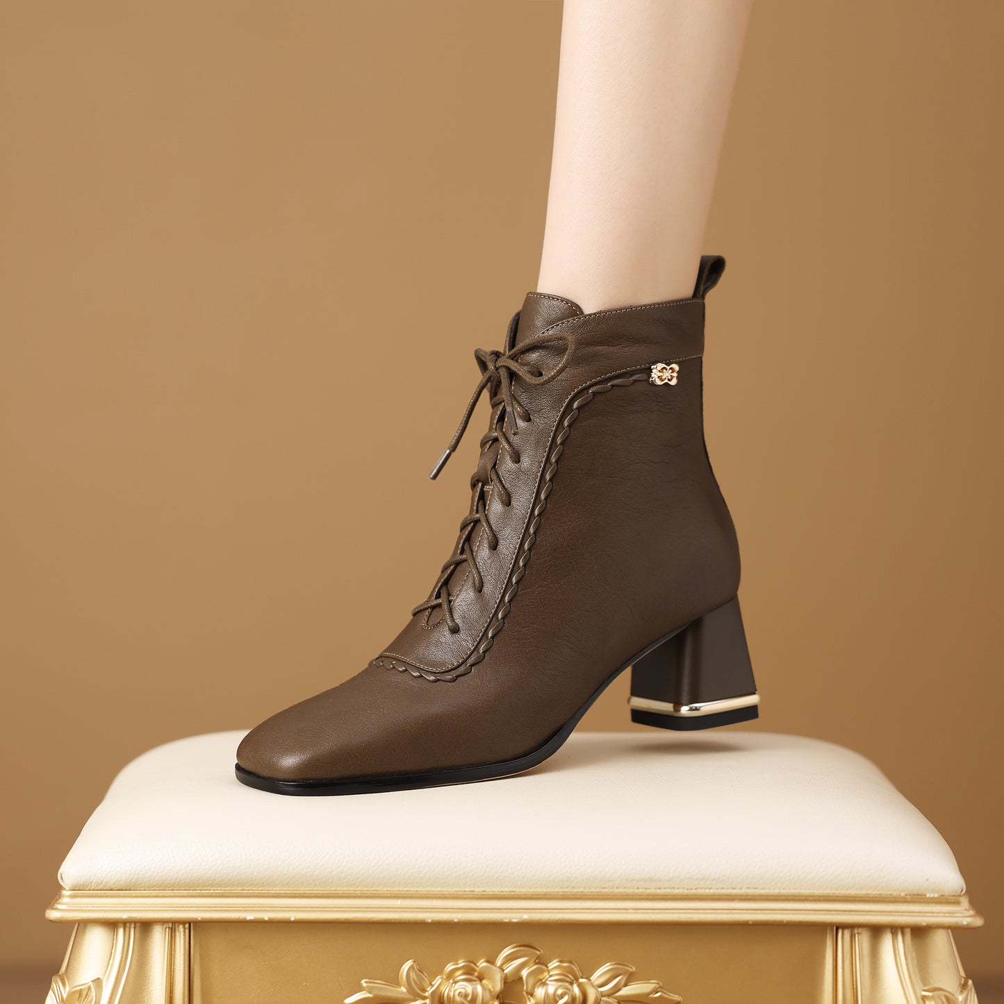 TinaCus Women's Leather Combat Ankle Boots Handmade Side Zipper Lace-up Chunky Heel Heeled Booties