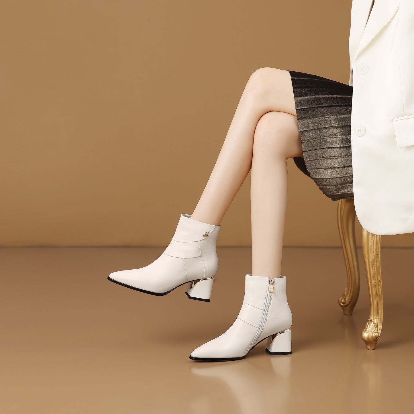 TinaCus Women's Handmade Ankle Boots Genuine Leather Patchwork Pointed Toe Side Zipper Block Heel Short Booties