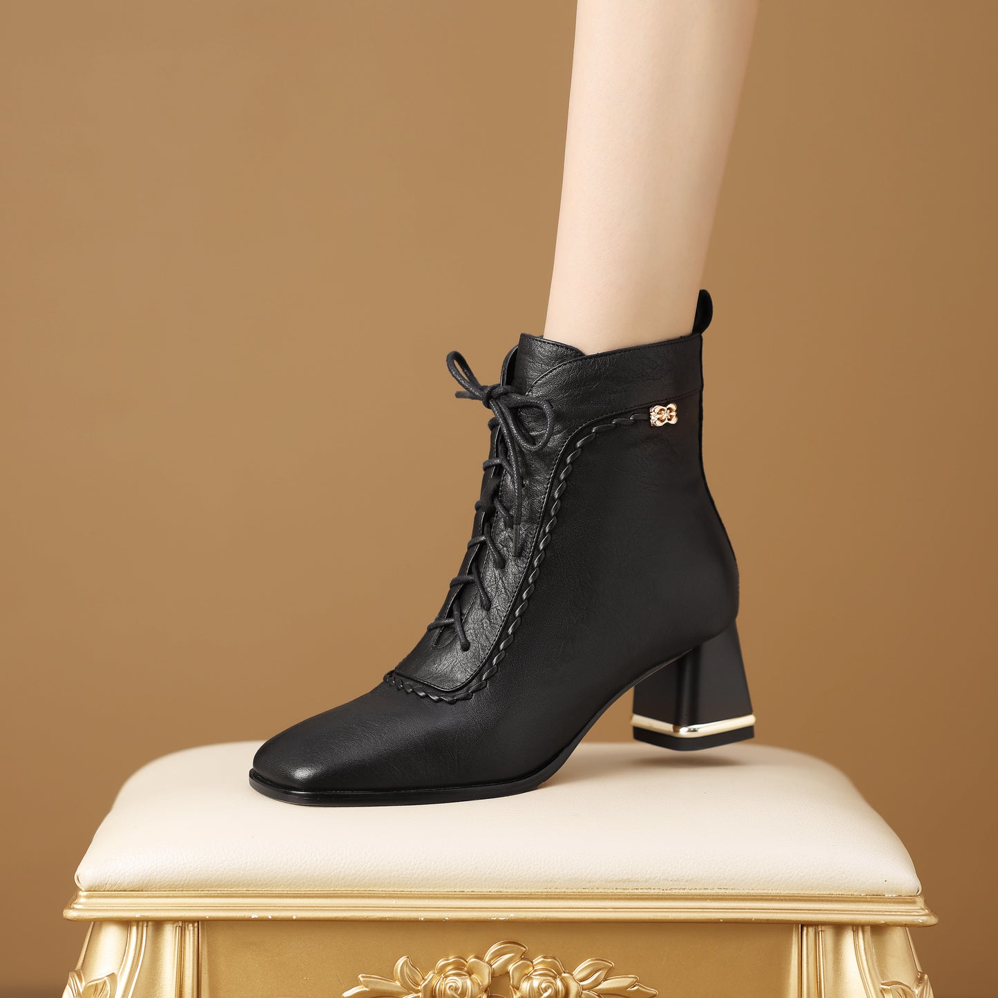 TinaCus Women's Leather Combat Ankle Boots Handmade Side Zipper Lace-up Chunky Heel Heeled Booties