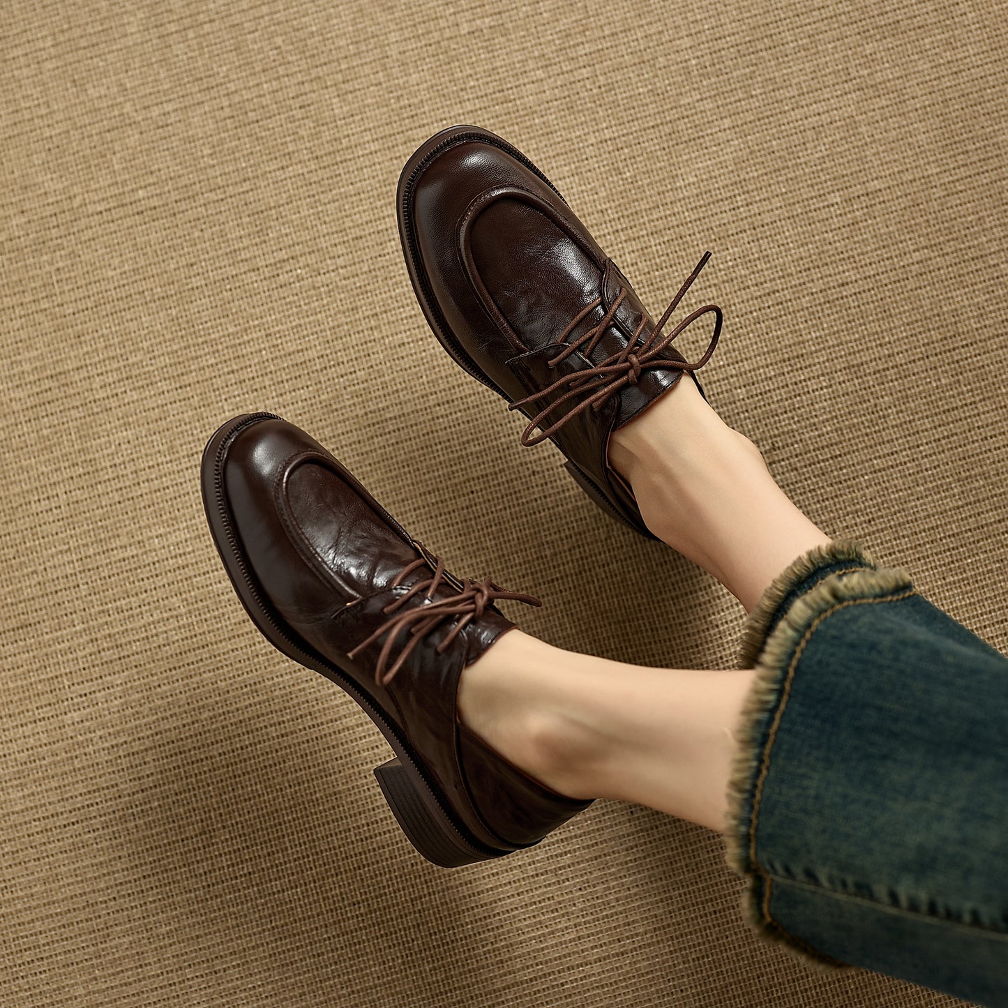 TinaCus Women's Wingtip Oxfords Handmade Genuine Leather Round Toe Lace-up Chunky Heel Casual Shoes