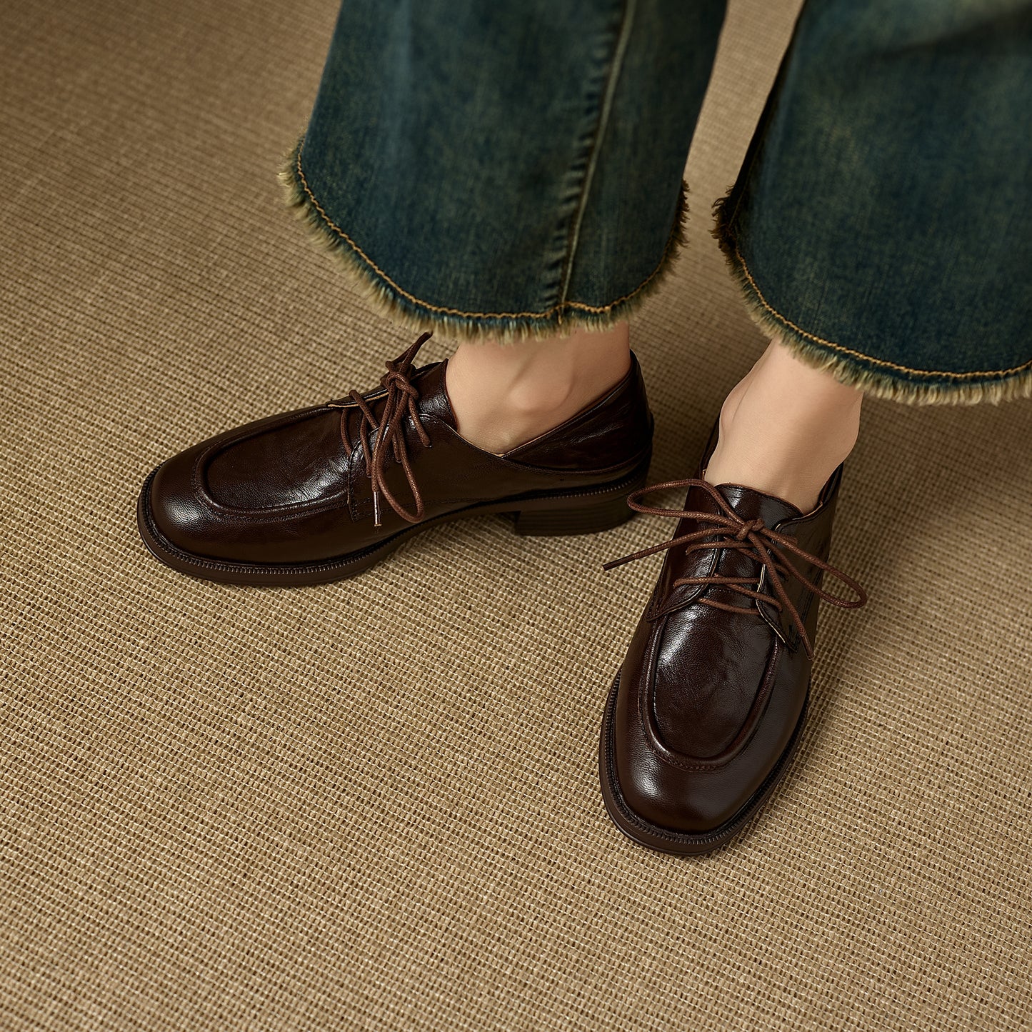 TinaCus Women's Wingtip Oxfords Handmade Genuine Leather Round Toe Lace-up Chunky Heel Casual Shoes