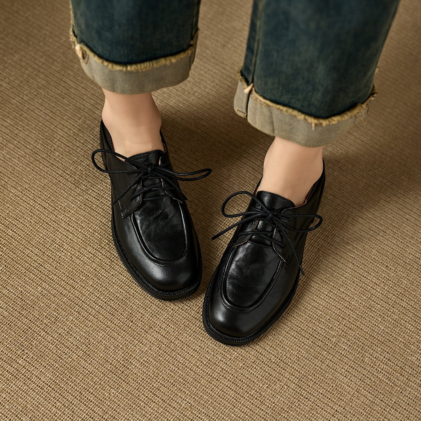 TinaCus Women's Wingtip Oxfords Handmade Genuine Leather Round Toe Lace-up Chunky Heel Casual Shoes