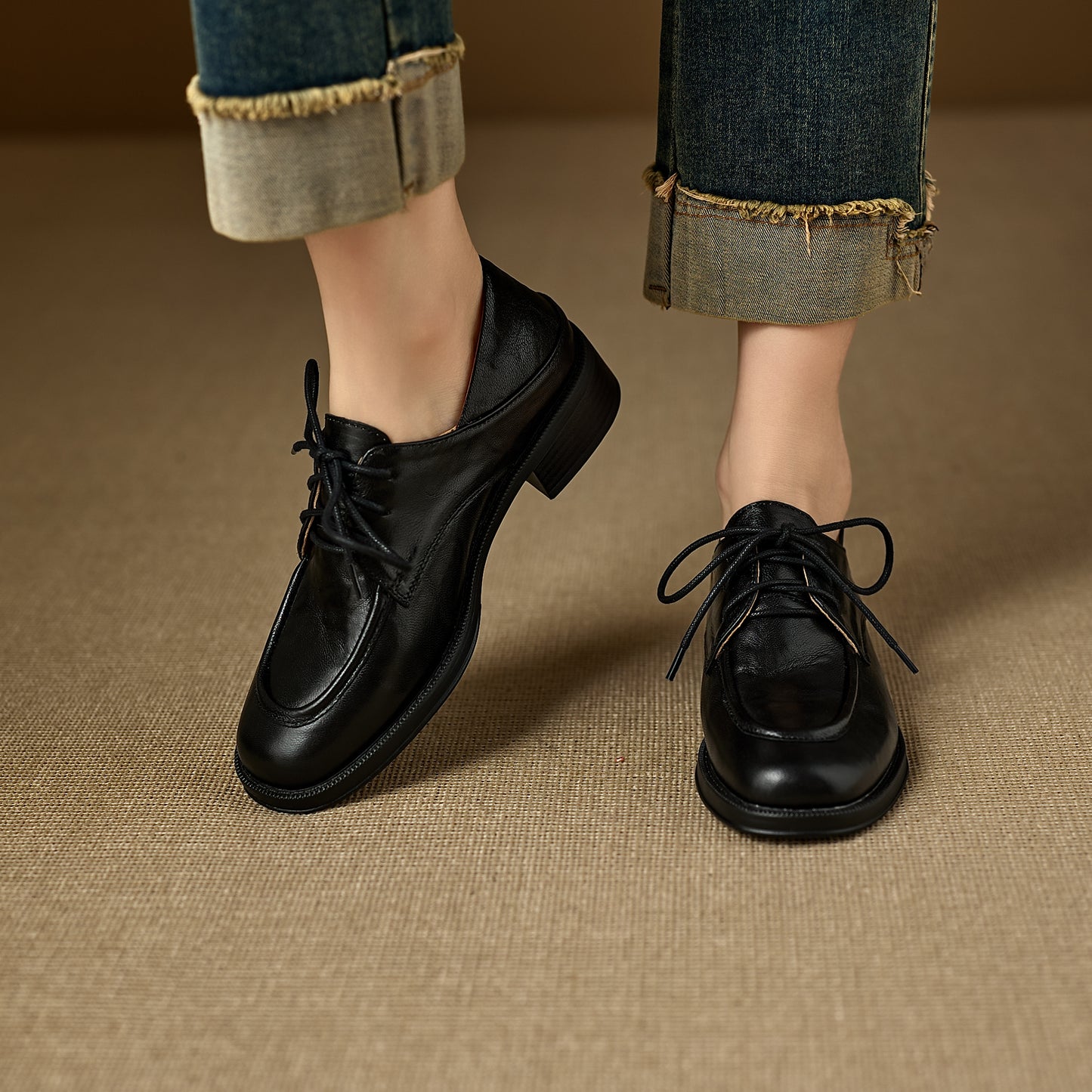 TinaCus Women's Wingtip Oxfords Handmade Genuine Leather Round Toe Lace-up Chunky Heel Casual Shoes