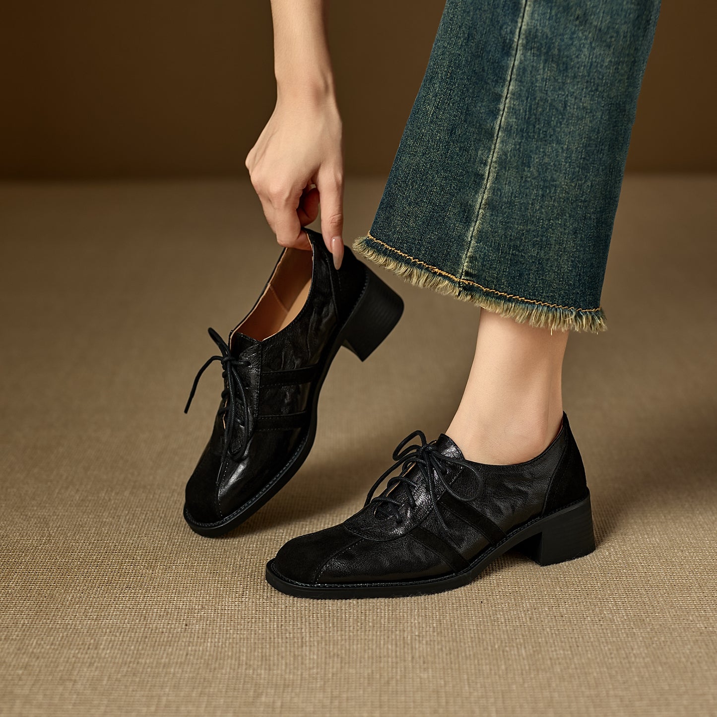 TinaCus Women's Oxfords Shoes Handmade Genuine Leather Patchwork Round Toe Chunky Heel