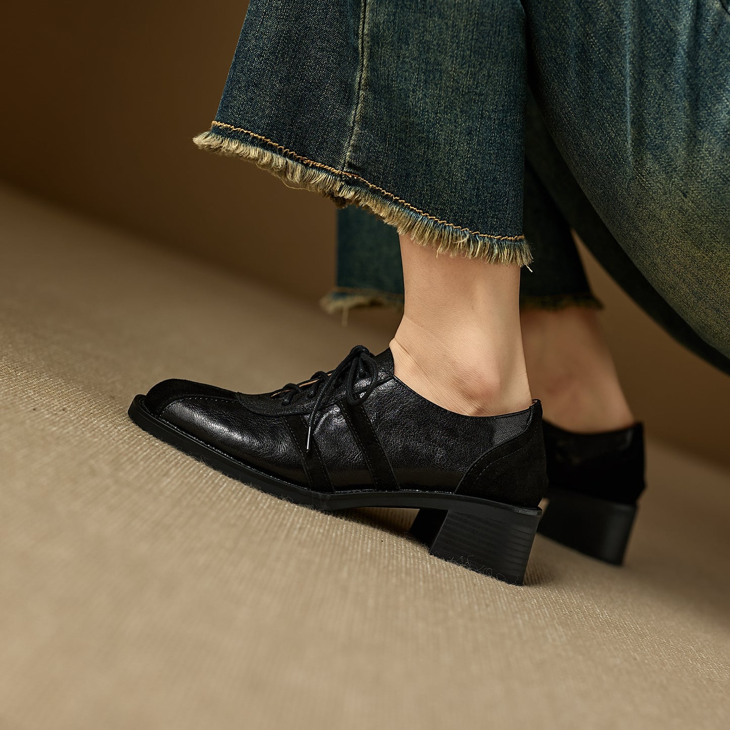 TinaCus Women's Oxfords Shoes Handmade Genuine Leather Patchwork Round Toe Chunky Heel