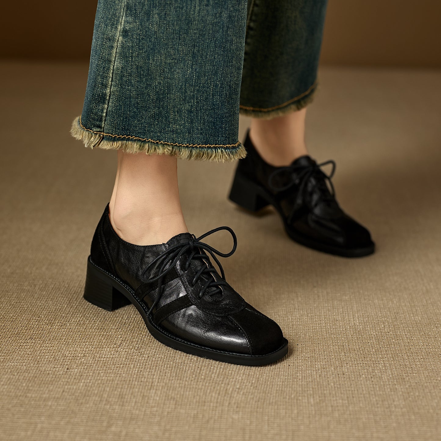 TinaCus Women's Oxfords Shoes Handmade Genuine Leather Patchwork Round Toe Chunky Heel