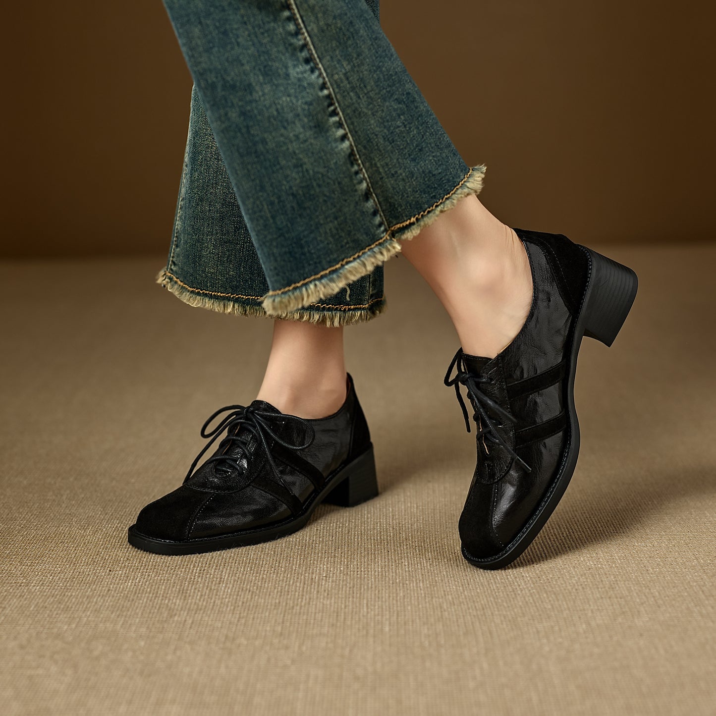 TinaCus Women's Oxfords Shoes Handmade Genuine Leather Patchwork Round Toe Chunky Heel