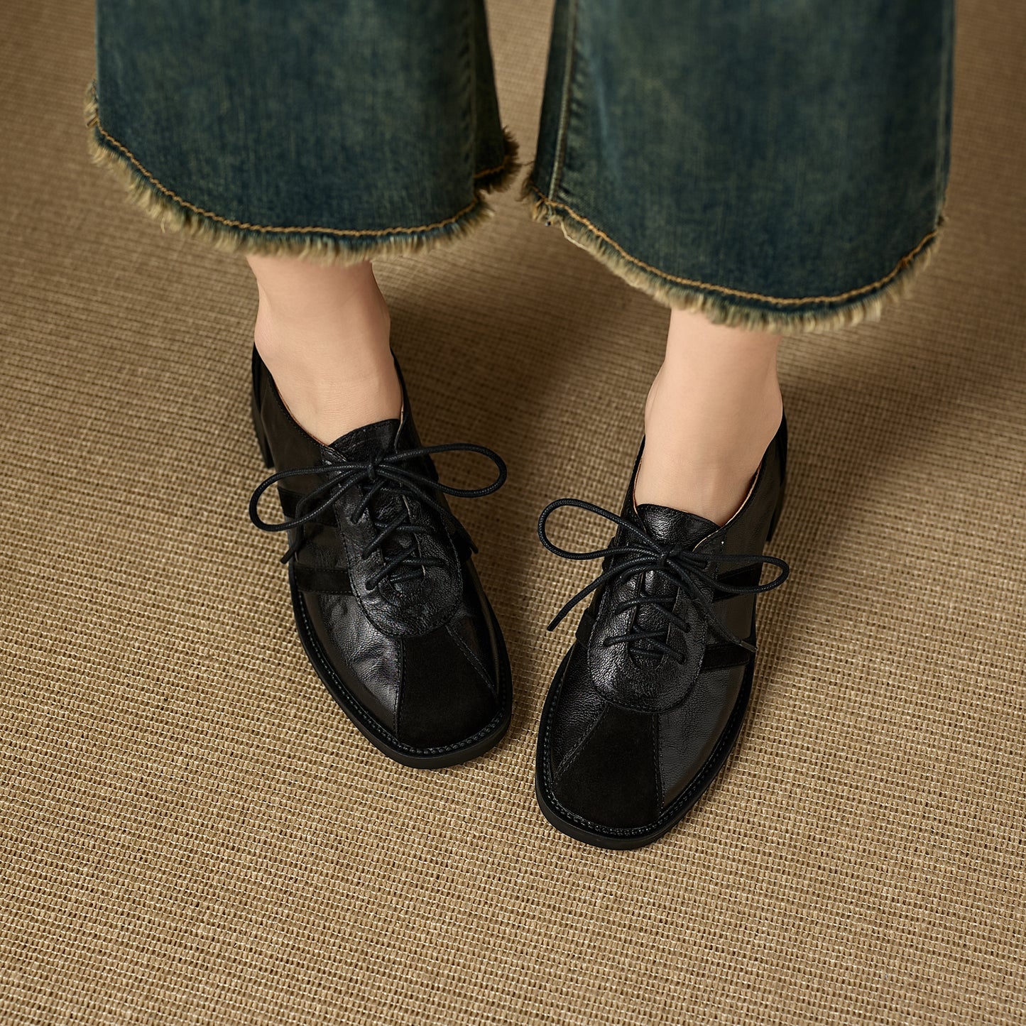 TinaCus Women's Oxfords Shoes Handmade Genuine Leather Patchwork Round Toe Chunky Heel