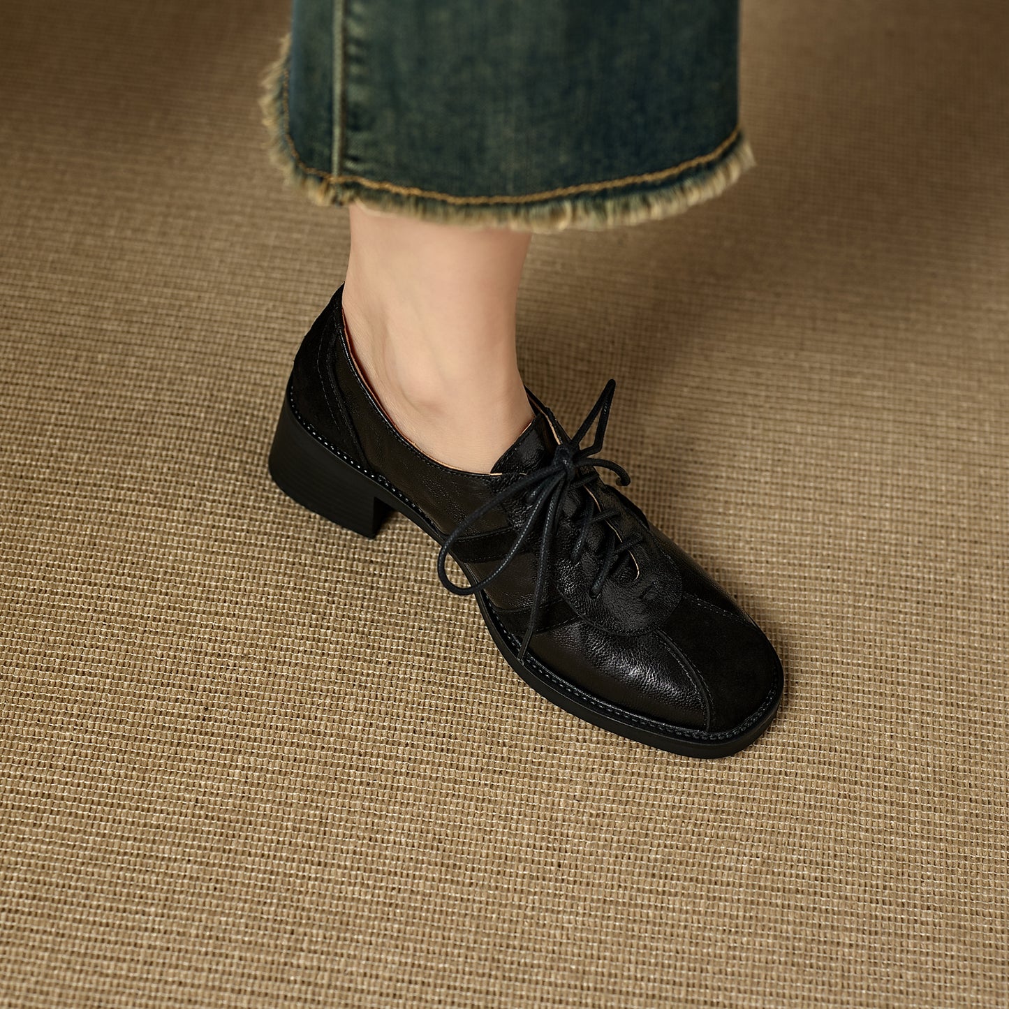 TinaCus Women's Oxfords Shoes Handmade Genuine Leather Patchwork Round Toe Chunky Heel