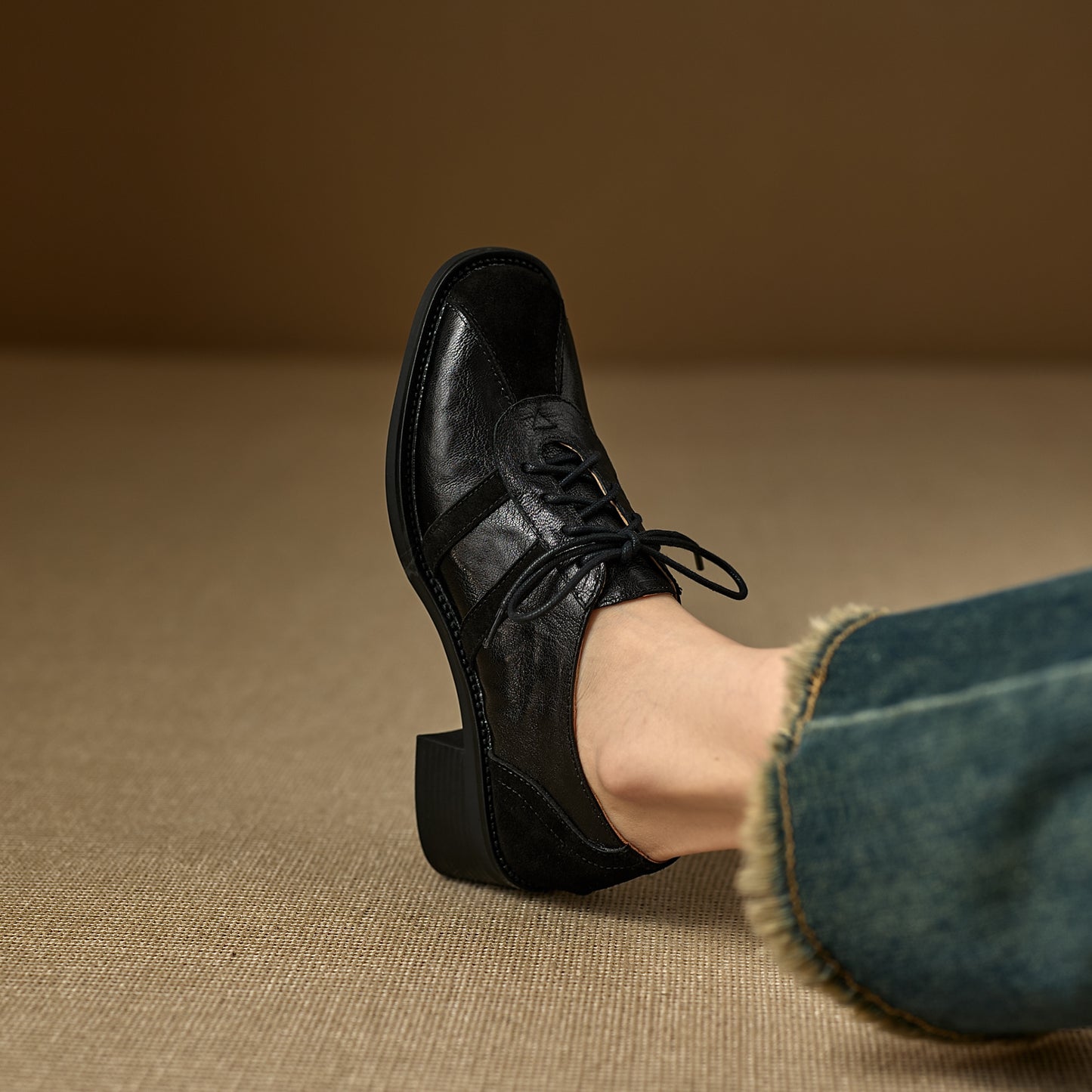 TinaCus Women's Oxfords Shoes Handmade Genuine Leather Patchwork Round Toe Chunky Heel