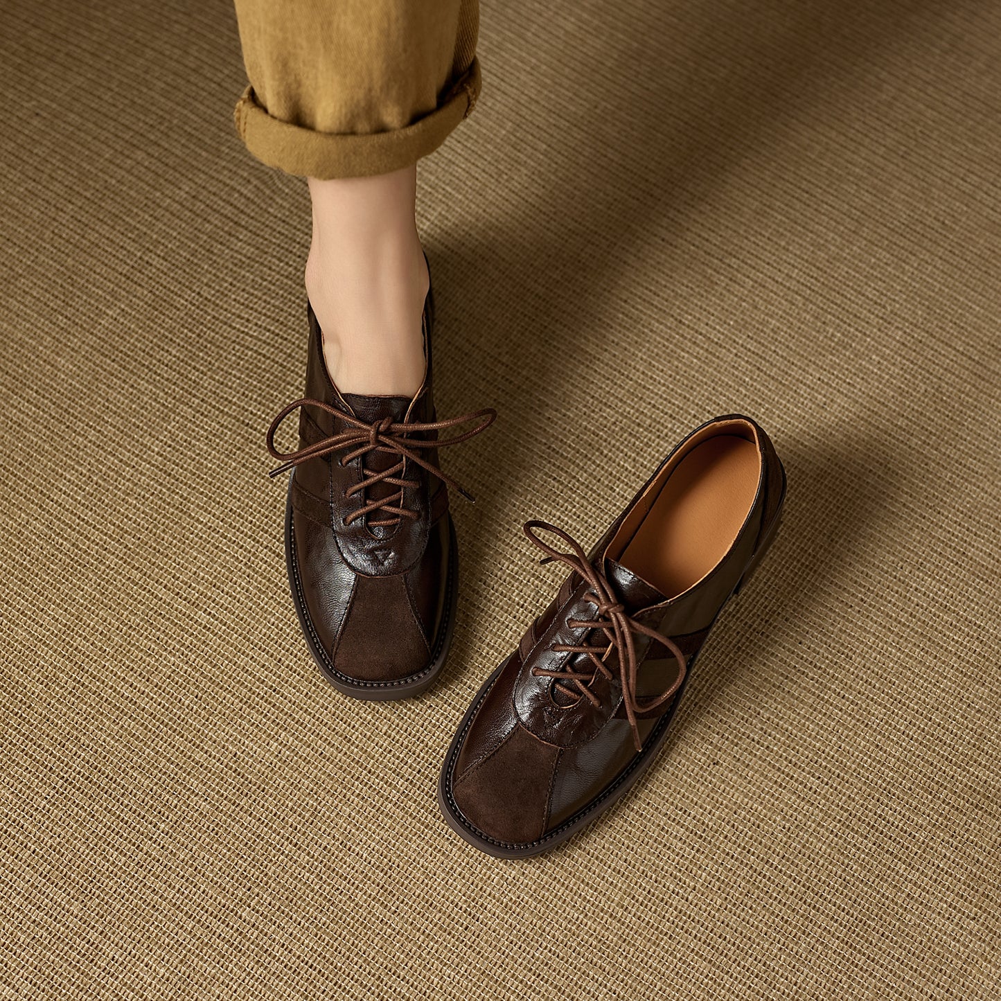 TinaCus Women's Oxfords Shoes Handmade Genuine Leather Patchwork Round Toe Chunky Heel