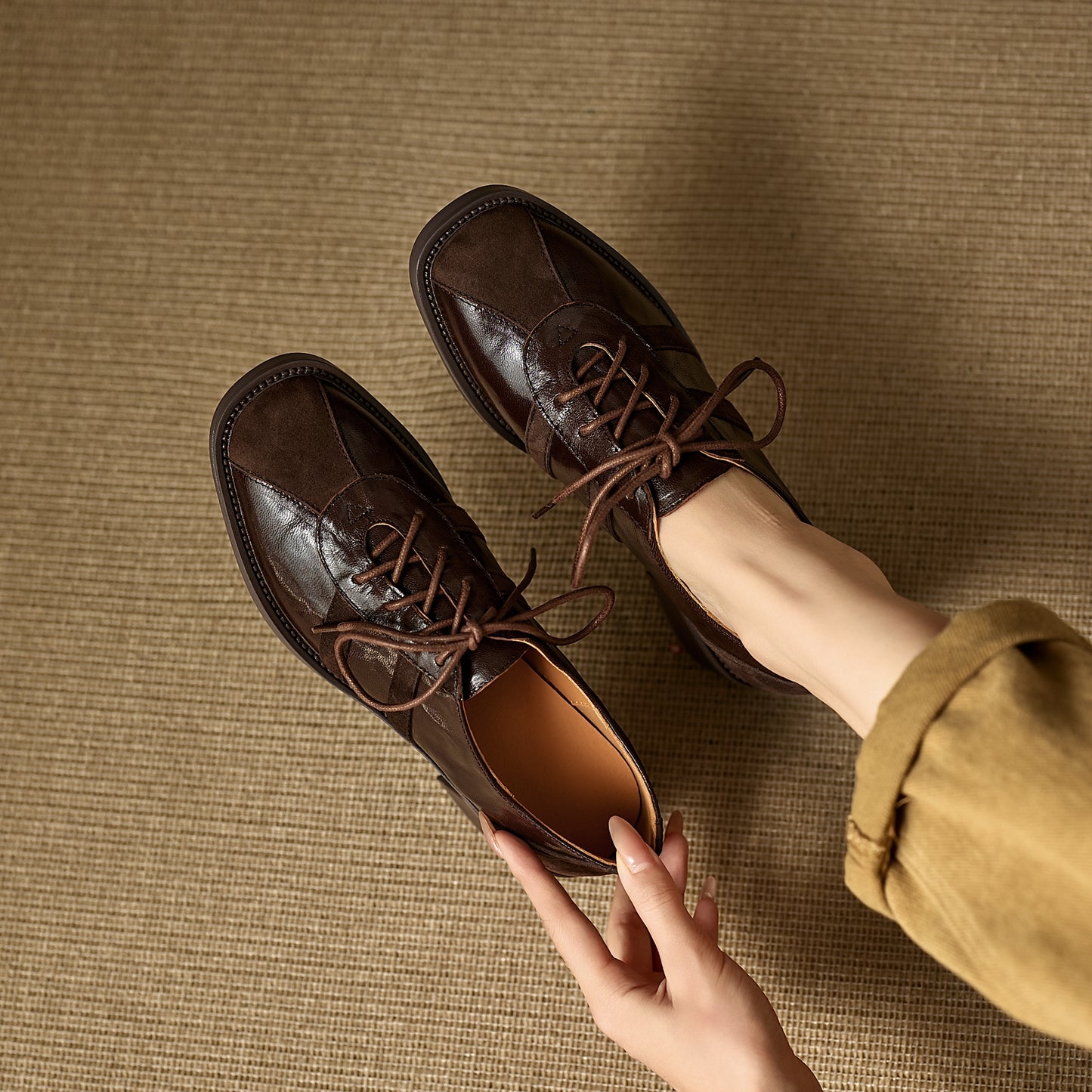 TinaCus Women's Oxfords Shoes Handmade Genuine Leather Patchwork Round Toe Chunky Heel