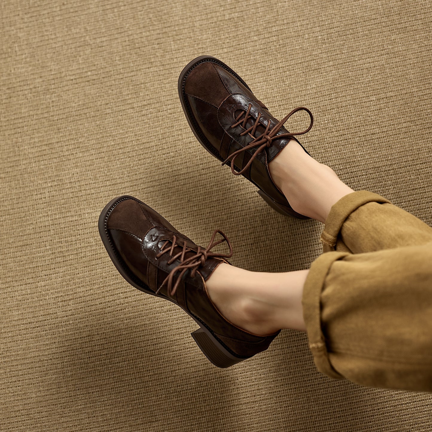 TinaCus Women's Oxfords Shoes Handmade Genuine Leather Patchwork Round Toe Chunky Heel