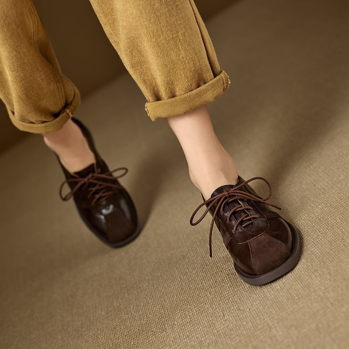 TinaCus Women's Oxfords Shoes Handmade Genuine Leather Patchwork Round Toe Chunky Heel